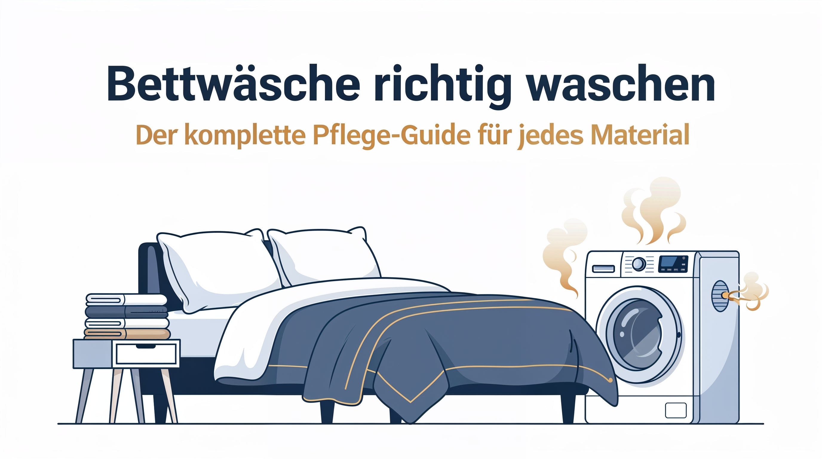 Illustriertes Doppelbett mit frischer Bettwäsche und gestapelten Laken neben einer dampfenden Waschmaschine – Titelbild des Ratgebers Bettwäsche richtig waschen.