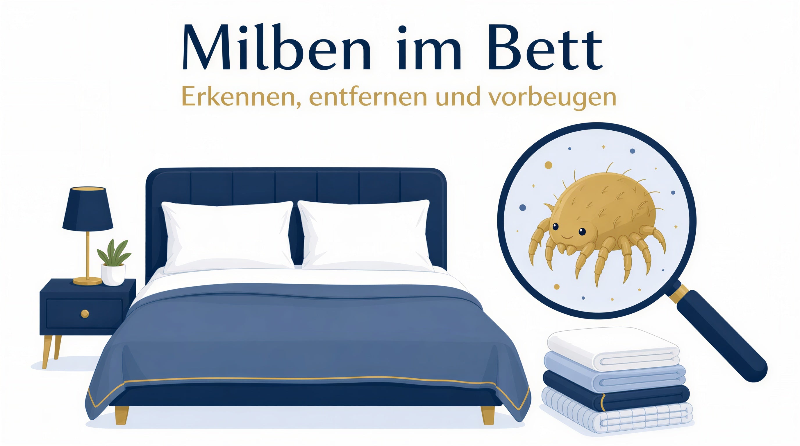 Illustriertes helles Schlafzimmer mit frisch bezogenem Bett und einer stark vergrößerten Hausstaubmilbe unter einer Lupe – Titelbild des Ratgebers Milben im Bett.