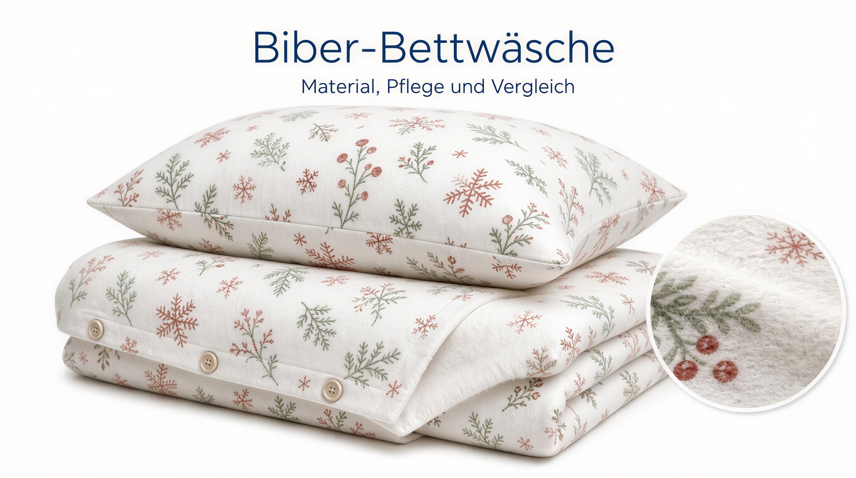Illustration einer Biber-Bettwäsche-Garnitur in weiß mit farbigem Wintermuster und sichtbarer angerauter Oberfläche als Titelbild des Winter-Ratgebers.