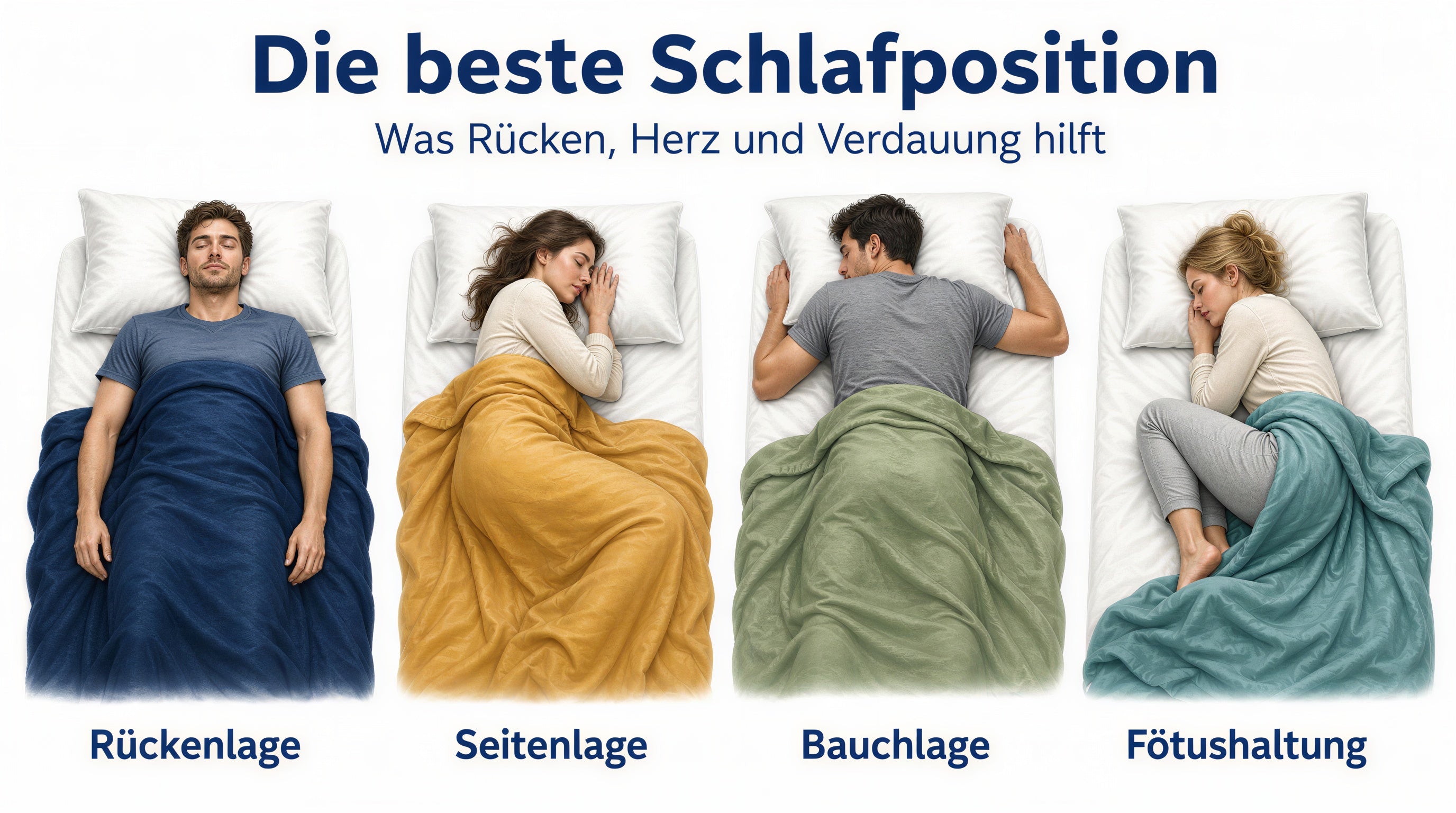 Illustration der vier häufigsten Schlafpositionen Rückenlage, Seitenlage, Bauchlage und Fötushaltung als Header des Ratgebers zur besten Schlafposition.