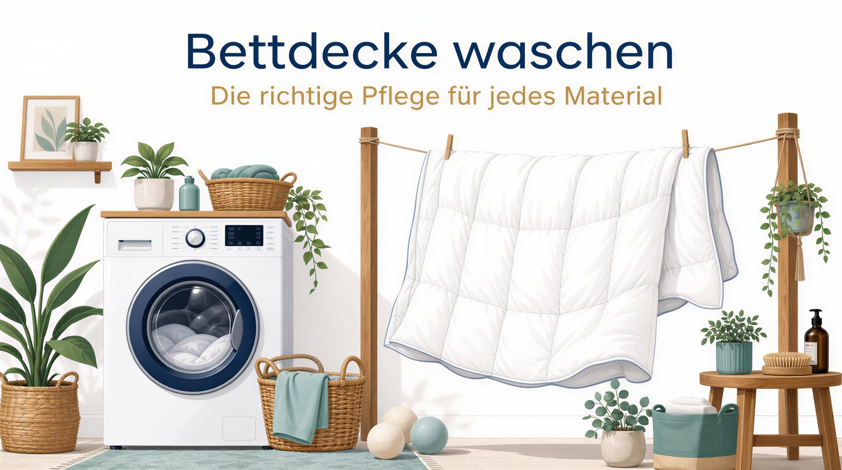 Flauschige weiße Bettdecke frisch aufgeschlagen in einem hellen, skandinavisch eingerichteten Schlafzimmer – Titelbild des Ratgebers Bettdecke waschen.
