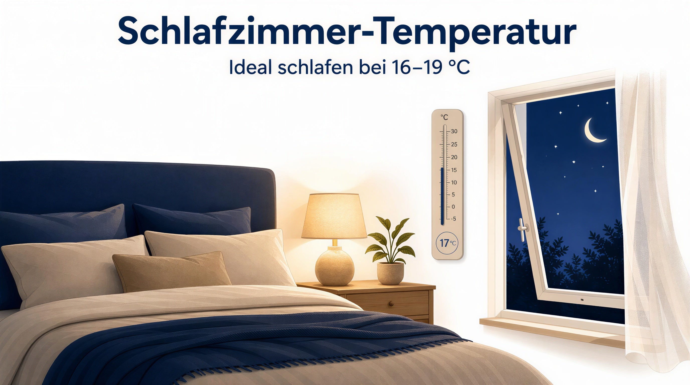 Illustration eines ruhigen Schlafzimmers mit Wandthermometer bei 17 Grad und leicht geöffnetem Fenster als Titelbild des Ratgebers zur idealen Schlafzimmer-Temperatur.