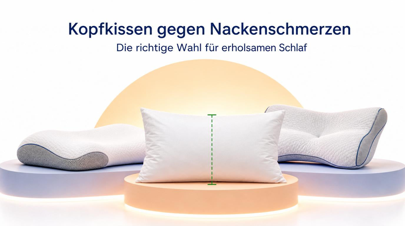 Illustriertes Schlafzimmer mit Bett und Kopfkissen, daneben die Seitenansicht eines Kopfes in gerader Nacken-Wirbelsäulen-Linie – Titelbild des Ratgebers Kopfkissen gegen Nackenschmerzen.