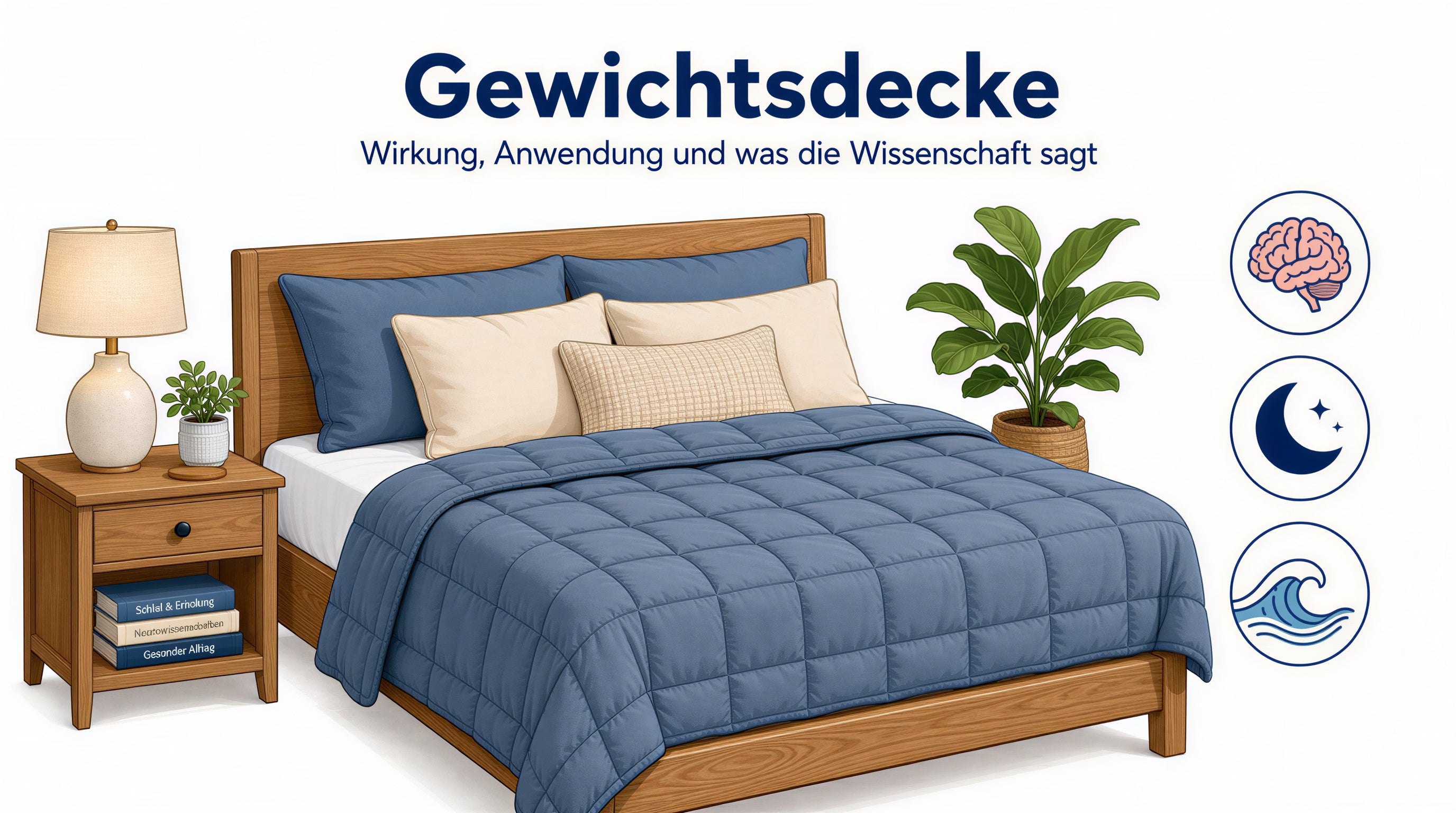 Illustrierte Gewichtsdecke auf einem Bett, die sich gleichmäßig schwer über den Körper legt – Titelbild des Ratgebers Gewichtsdecke: Wirkung und Anwendung.