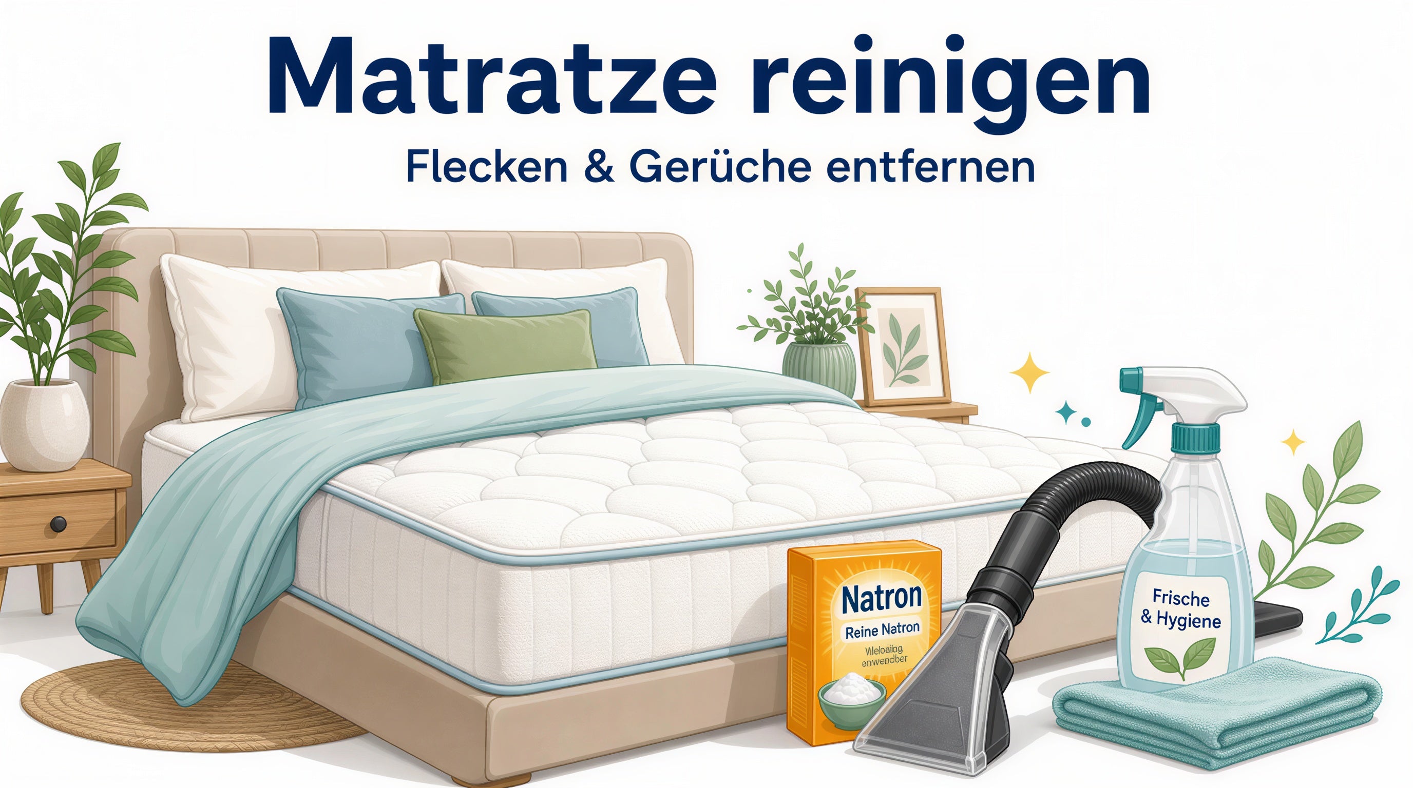 Illustration zum Thema Matratze reinigen: Matratze mit Reinigungsutensilien wie Natron und Polsterdüse – Titelbild des Ratgebers.