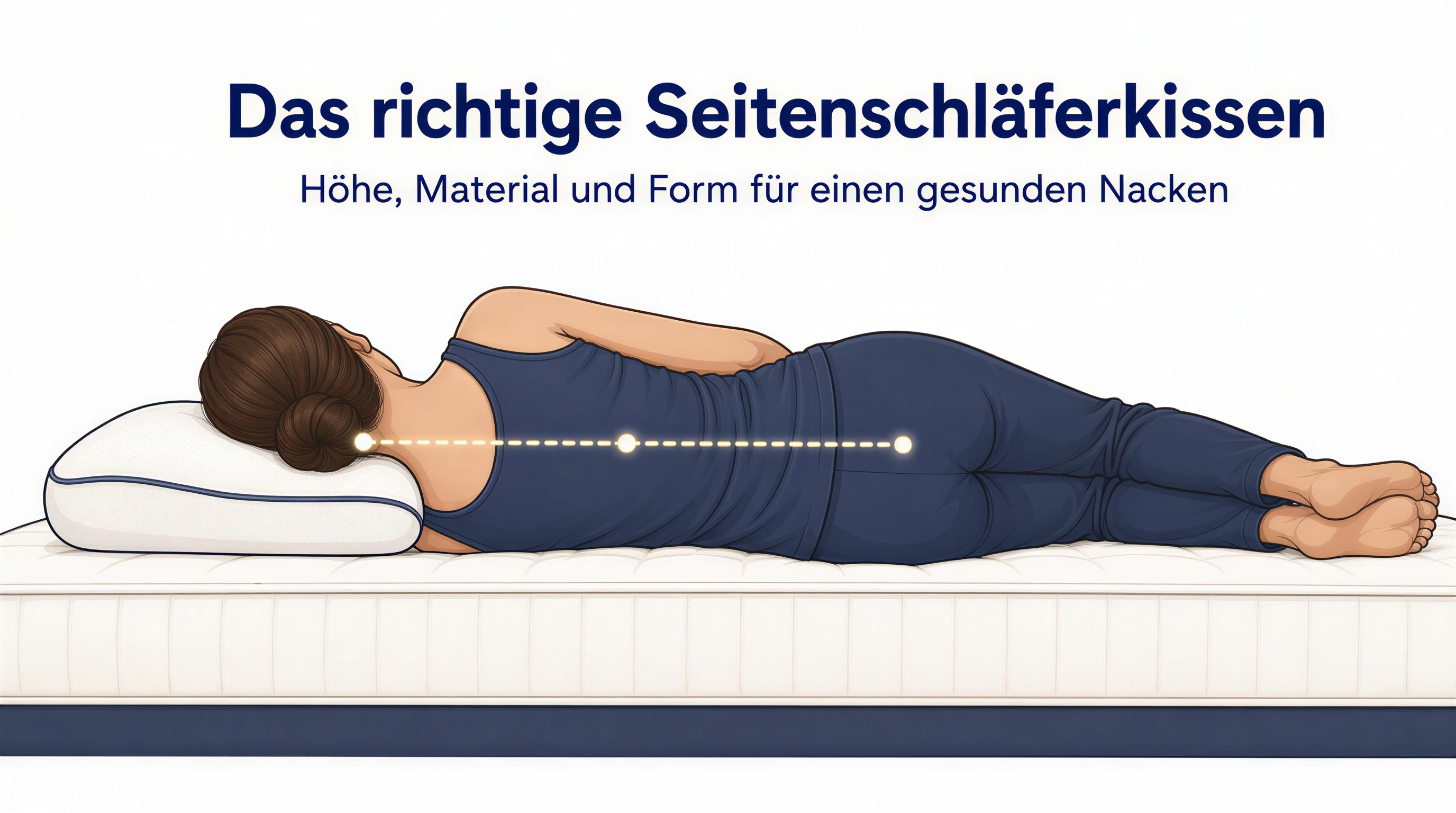 Illustrierte Seitenlage mit stützendem Seitenschläferkissen und gerader Nacken-Wirbelsäulen-Linie – Titelbild des Ratgebers Seitenschläferkissen.
