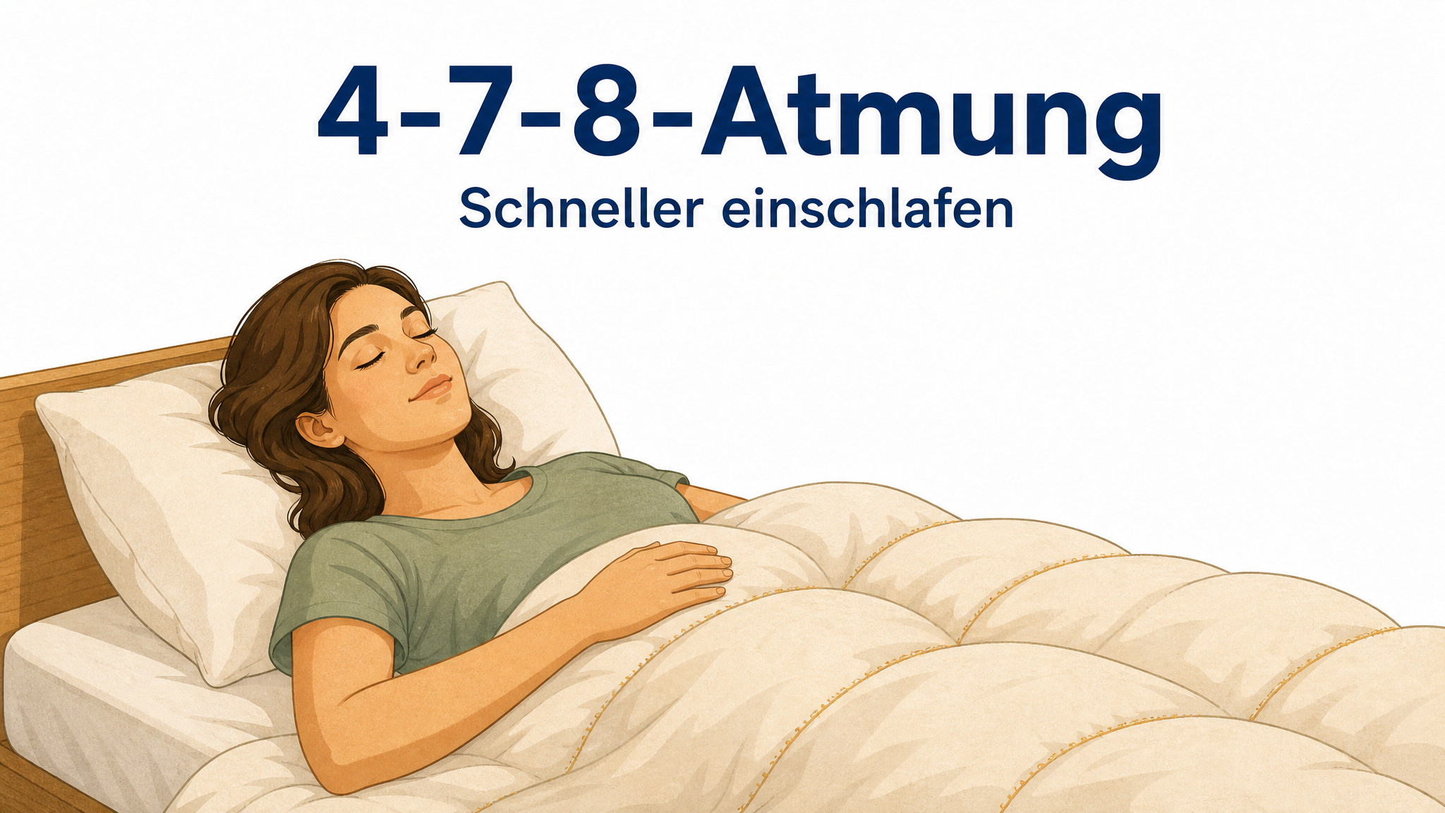 Eine entspannte Person atmet ruhig im Bett vor dem Einschlafen, eine Hand locker auf dem Bauch – Titelbild des Ratgebers zur 4-7-8-Atmung.