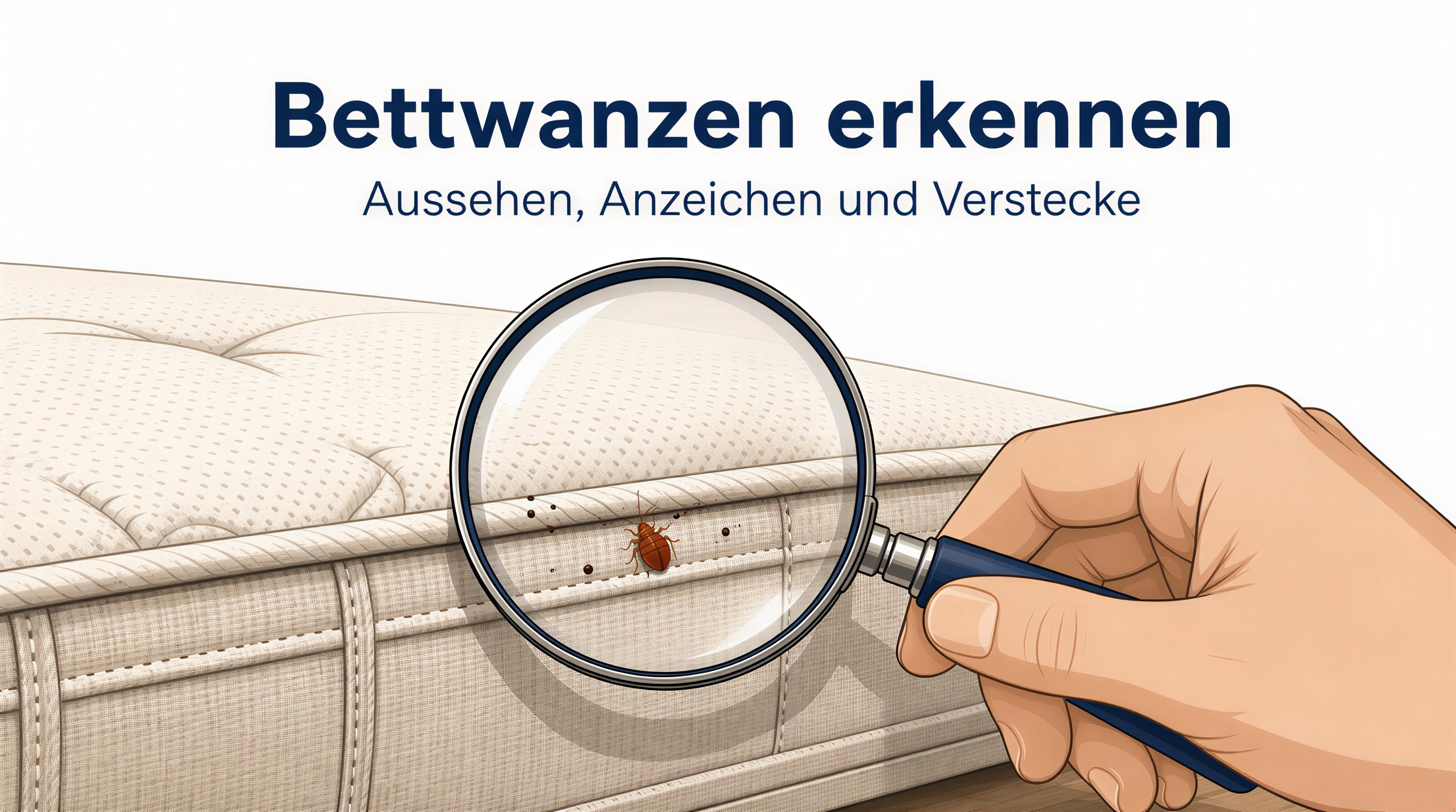 Bettwanzen erkennen – Ratgeber von aparna.de: Hand mit Lupe an einer Matratzennaht.