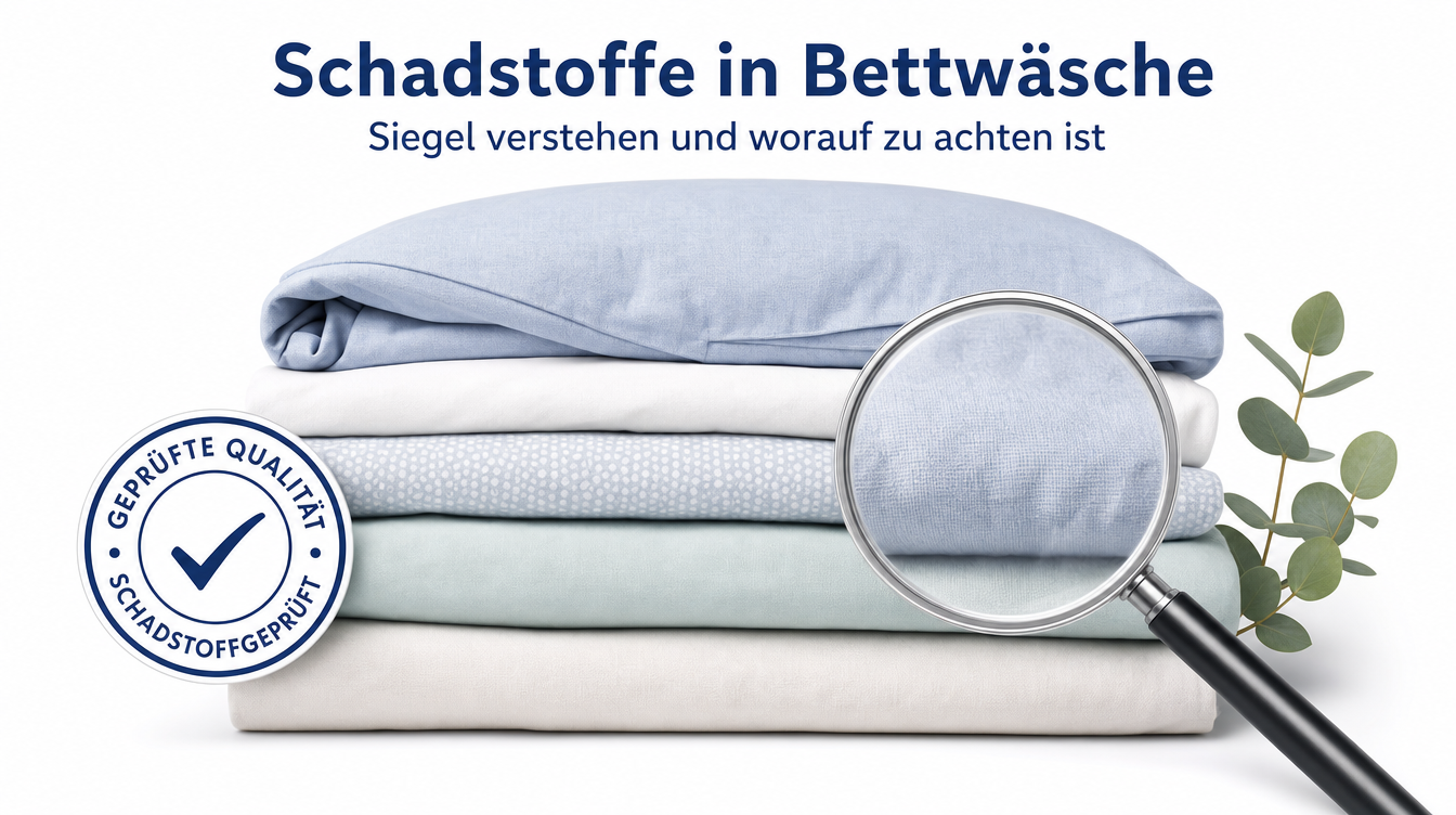 Comic-Illustration frisch gewaschener, gestapelter Bettwäsche mit Prüfsiegel-Symbol und Lupe – Titelbild des Ratgebers zu Schadstoffen und Siegeln in Bettwäsche.