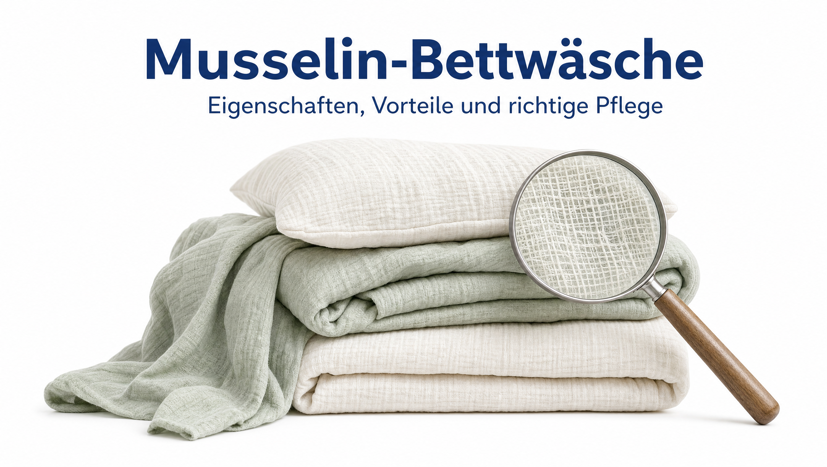 Comic-Illustration locker gestapelter Musselin-Bettwäsche mit feiner Crinkle-Struktur als Header des Material-Ratgebers.