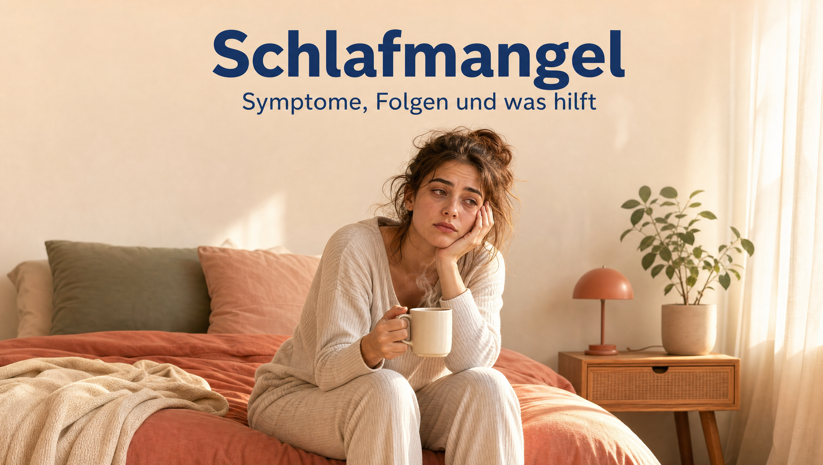 Comic-Illustration einer müden Person am Morgen mit Kaffeetasse als Header des Ratgebers zu Schlafmangel.