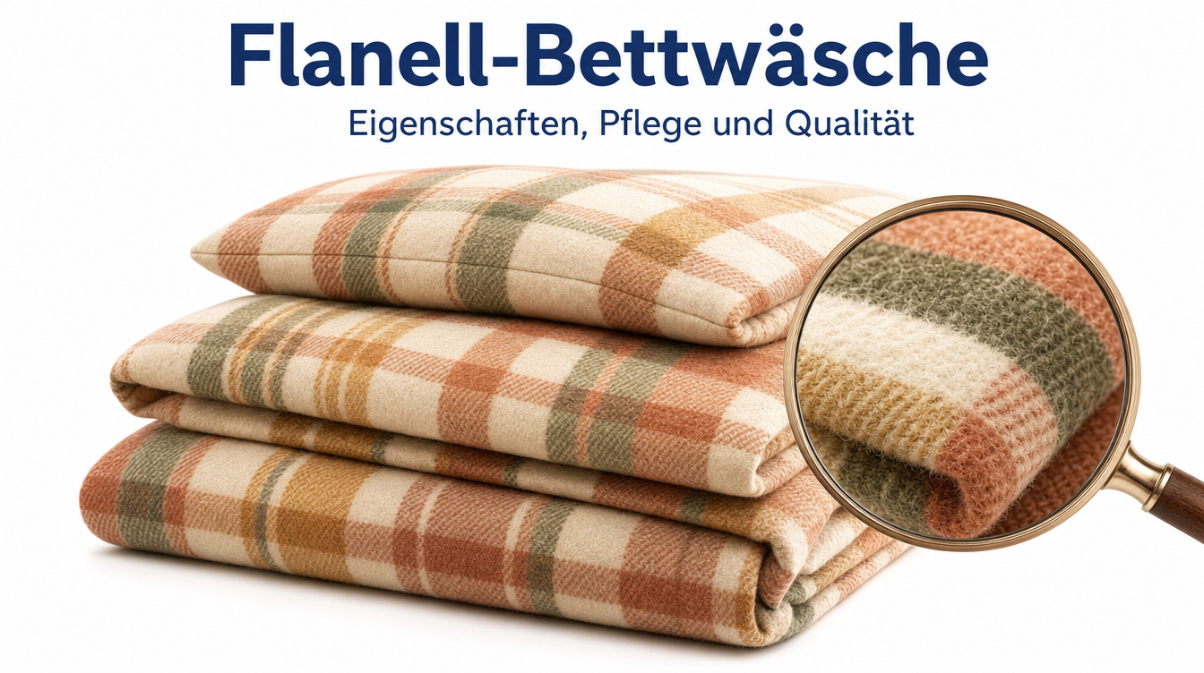 Gefalteter Stapel karierter Flanell-Bettwäsche in warmen Tönen, eine Lupe zeigt den weichen aufgerauten Flor – Titelbild des Ratgebers zu Flanell-Bettwäsche.