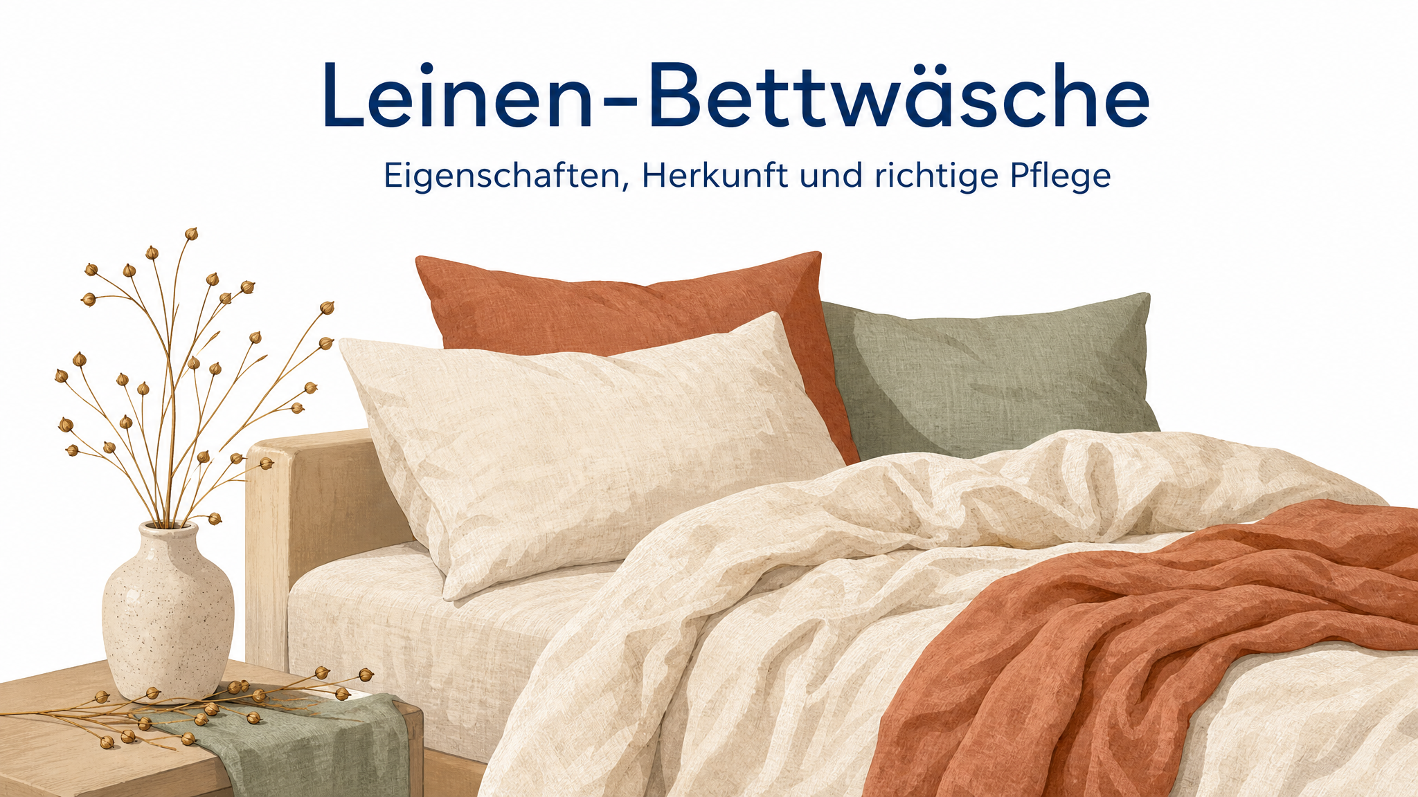Comic-Illustration locker liegender Leinen-Bettwäsche mit natürlichem Knitter und Flachs-Zweigen als Header des Material-Ratgebers.