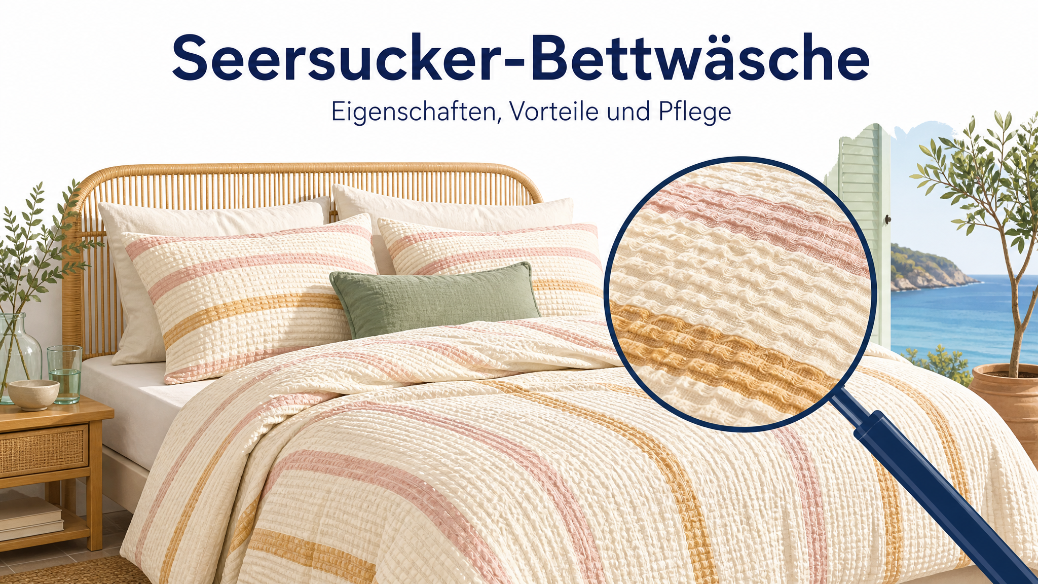 Comic-Illustration leichter Seersucker-Bettwäsche mit typischer Wellenstruktur als Header des Material-Ratgebers.