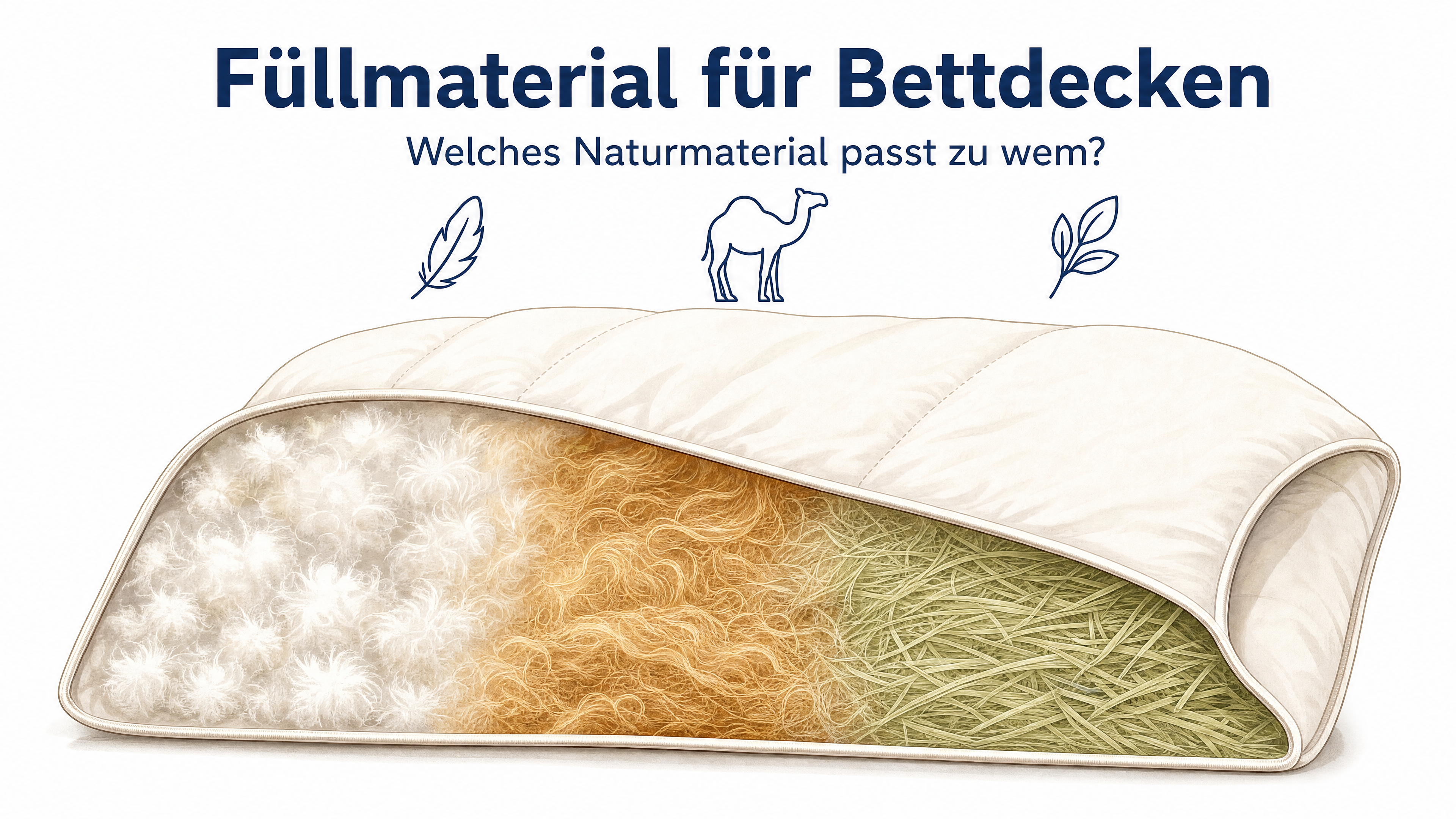Illustration aufgeschlagener Bettdecken mit Daunen-, Naturhaar- und Pflanzenfaser-Füllung als Titelbild des Ratgebers zum Füllmaterial für Bettdecken.