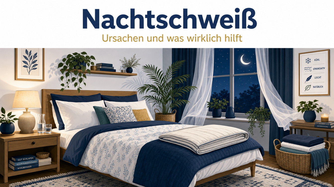 Titelbild des Ratgebers zu Nachtschweiß: illustriertes Schlafzimmer bei Nacht mit gemachtem Bett, leichter Sommerdecke, offenem Fenster mit Mondlicht und Zimmerpflanzen.