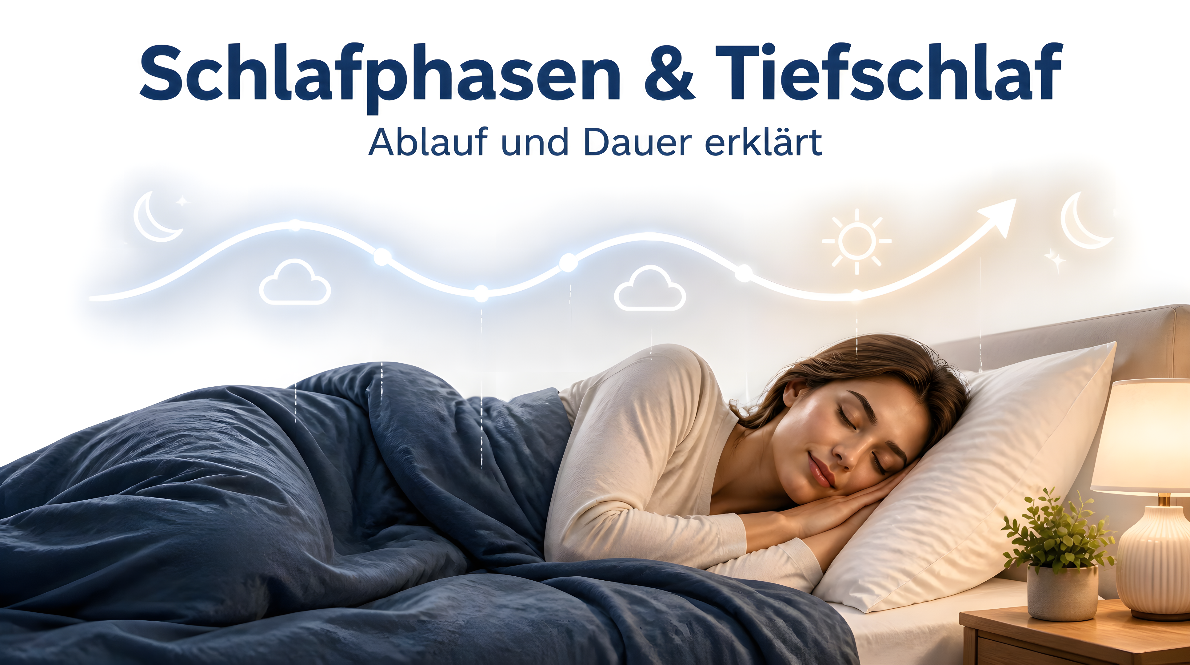 Schlafphasen und Tiefschlaf – Ratgeber von aparna.de: ruhig schlafender Mensch mit Schlafzyklus-Kurve.