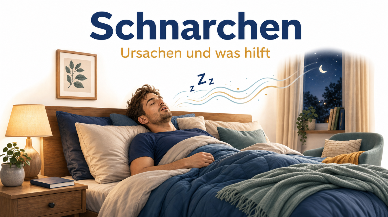 Illustration eines schlafenden Menschen in Rückenlage mit stilisierten Schallwellen über dem geöffneten Mund – Titelbild des Ratgebers über Schnarchen.