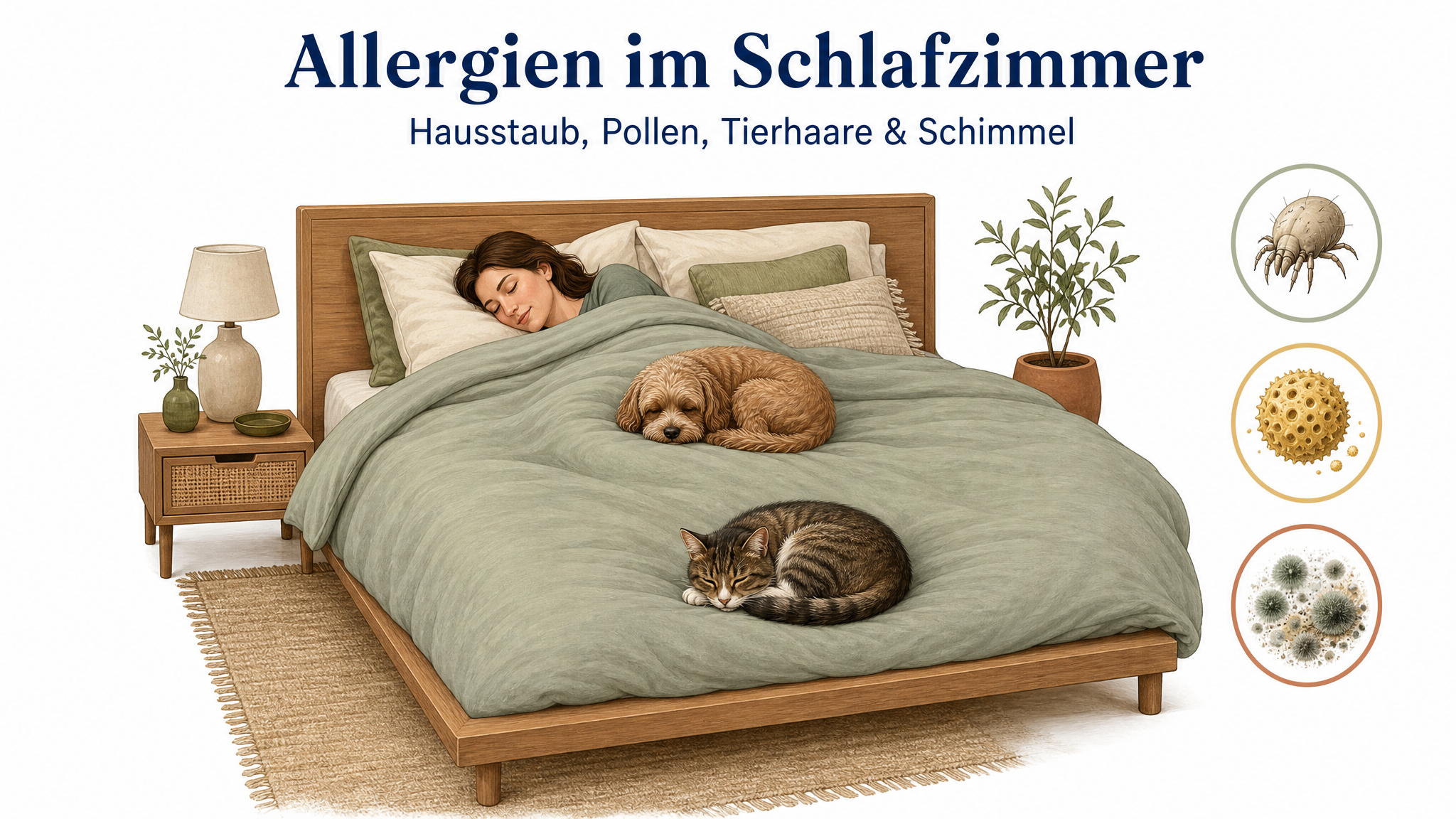 Schlafende Frau mit kleinem Hund und Katze im Bett, daneben Symbole für Hausstaubmilben, Pollen und Schimmel – Titelbild zum Ratgeber über Allergien im Schlafzimmer.
