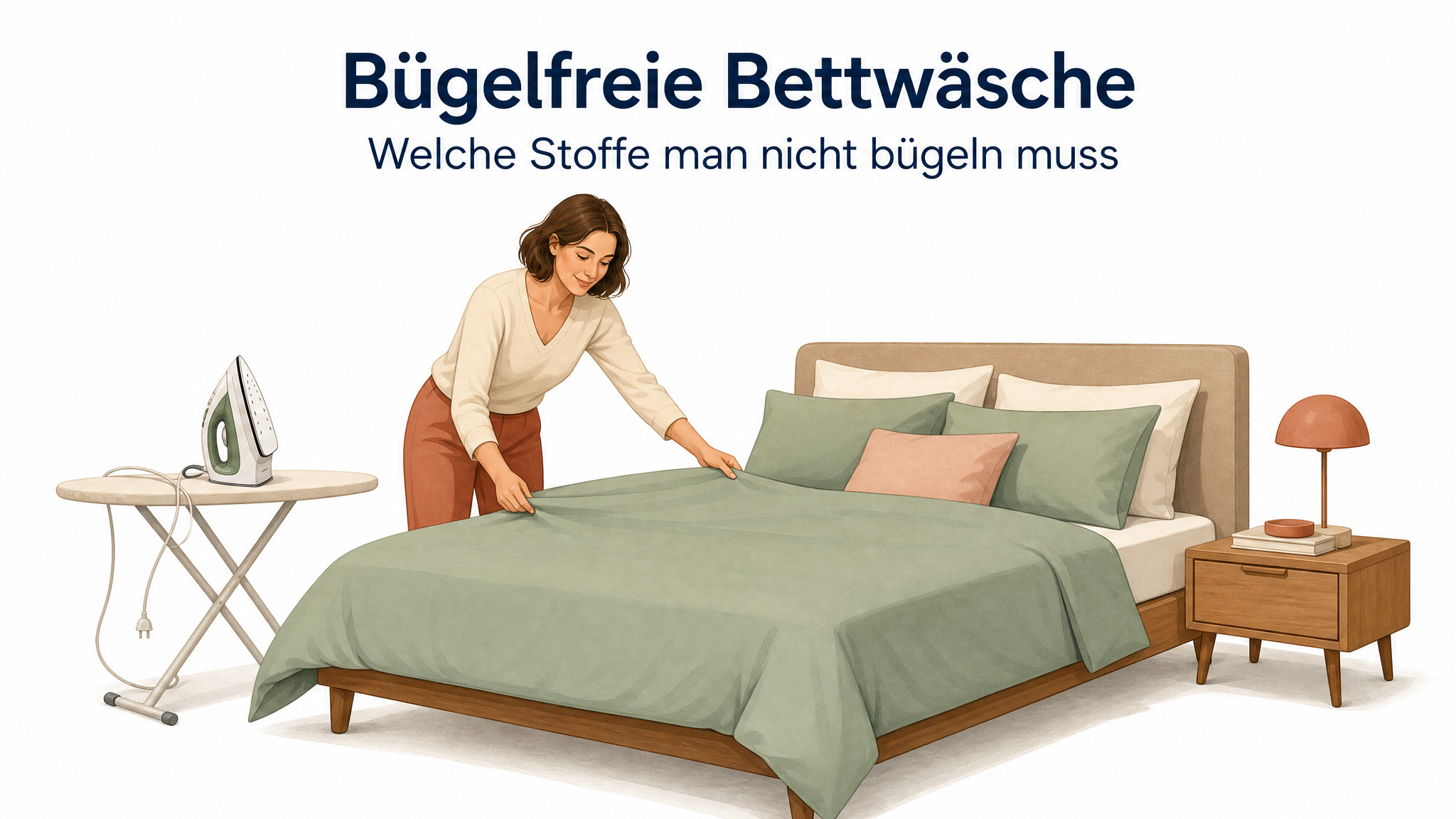 Bügelfreie Bettwäsche: Frau bezieht das Bett, das Bügeleisen bleibt ungenutzt