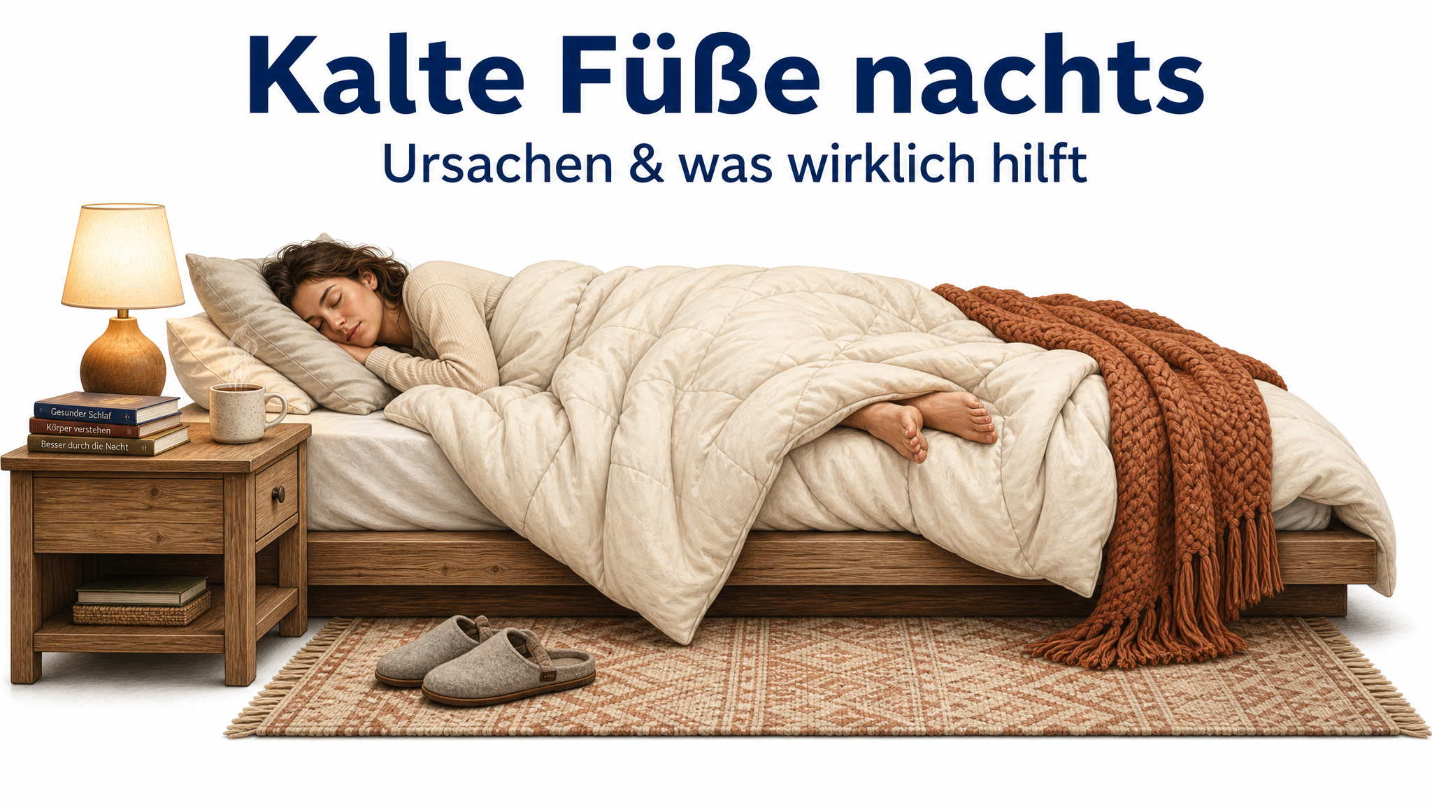 Illustration eines gemütlichen Schlafzimmers: Eine schlafende Person liegt im Bett, die Füße schauen seitlich unter der warmen Bettdecke hervor. Titelbild des Ratgebers Kalte Füße nachts.