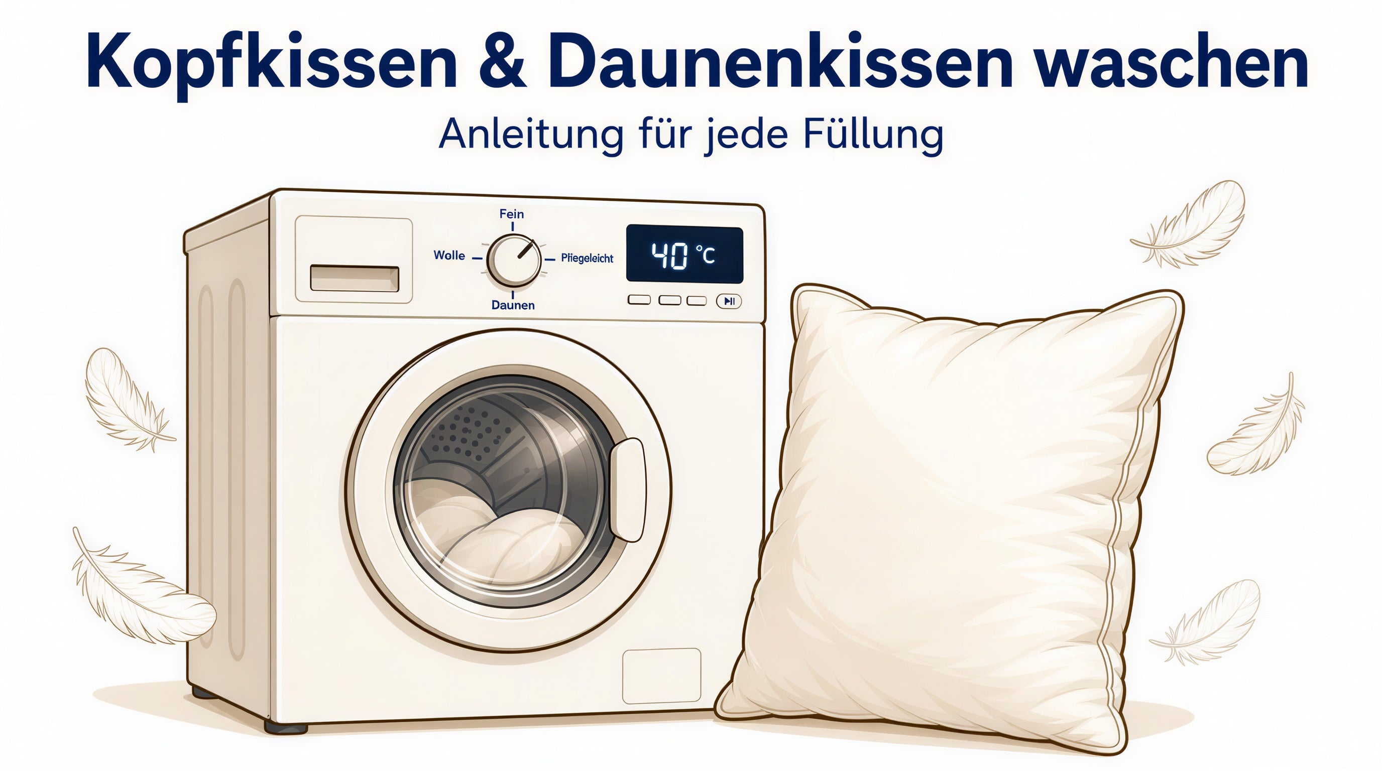 Illustration eines Kopfkissens neben einer Waschmaschine – Titelbild des Ratgebers Kopfkissen und Daunenkissen waschen.