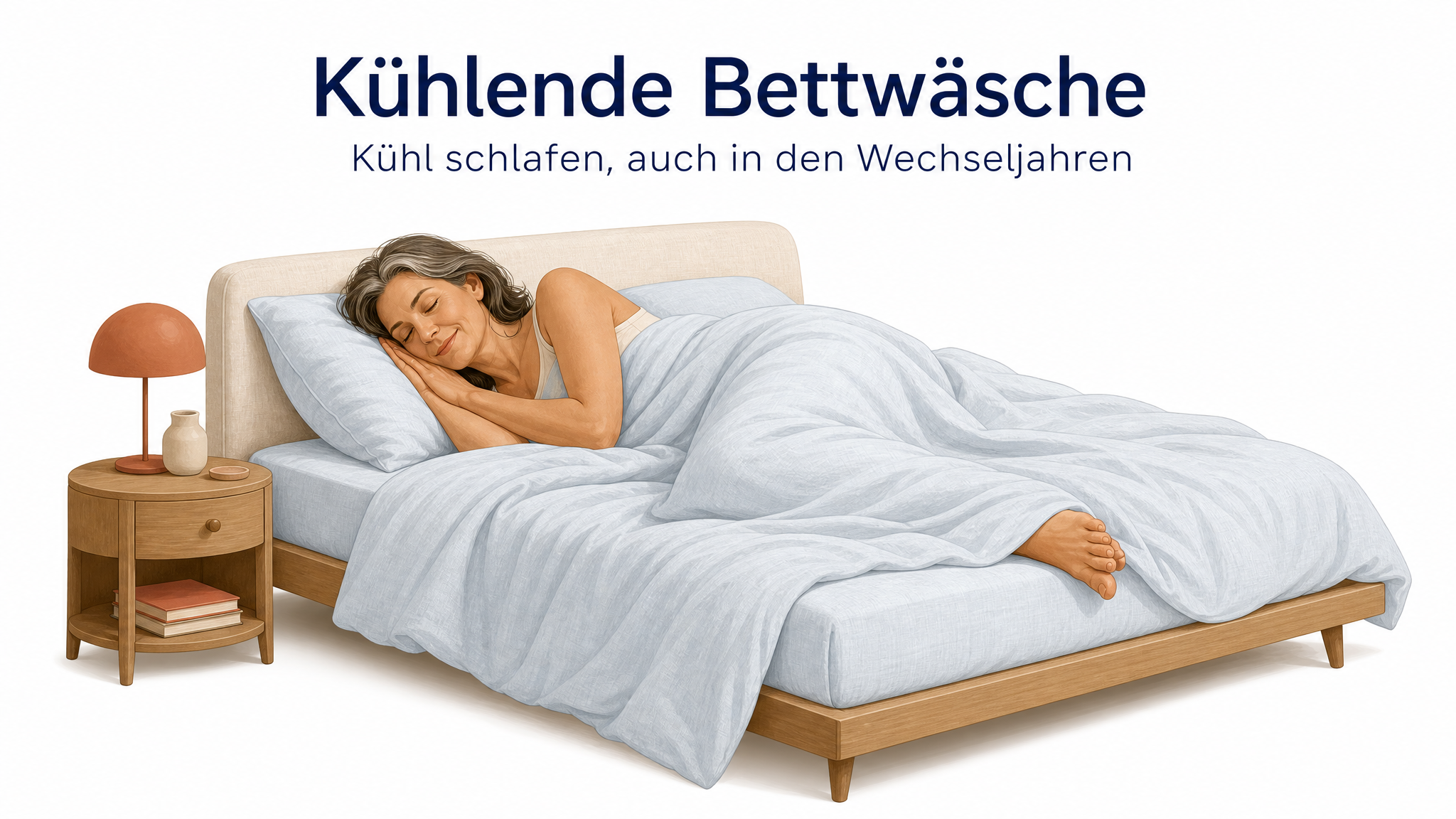 Kühlende Bettwäsche: Frau schläft ruhig unter leichter Sommerbettwäsche