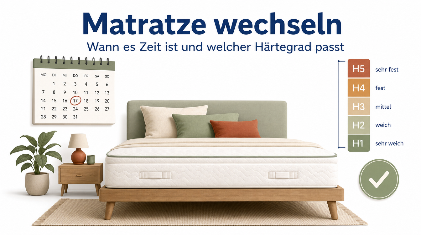 Illustration einer Matratze mit Kalender- und Wechsel-Motiv sowie einem Härtegrad-Symbol – Titelbild des Ratgebers Matratze wechseln.