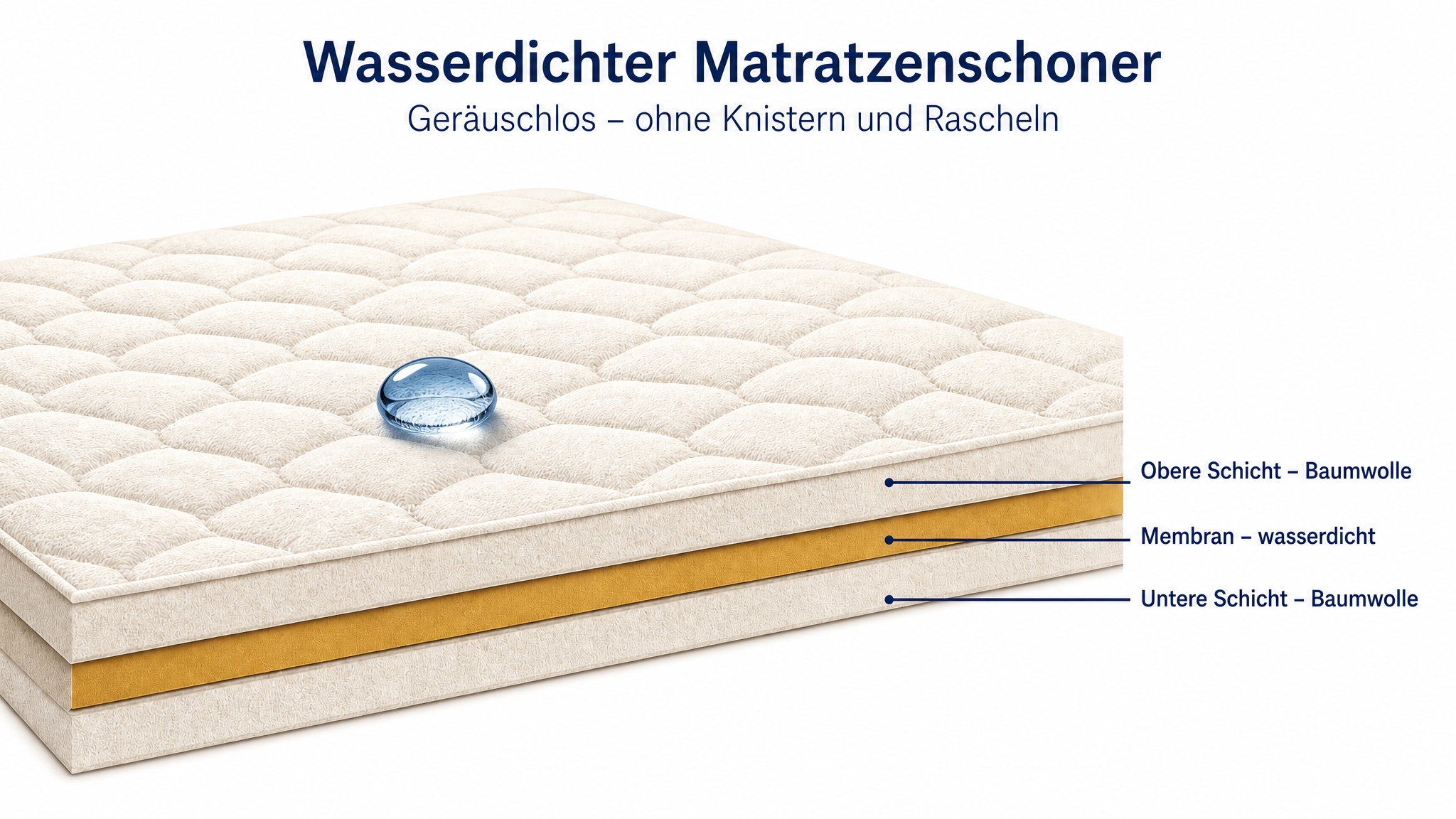 Illustrierter Querschnitt eines wasserdichten Matratzenschoners mit Baumwolle oben, Membran in der Mitte und Baumwolle unten - Titelbild des Ratgebers.