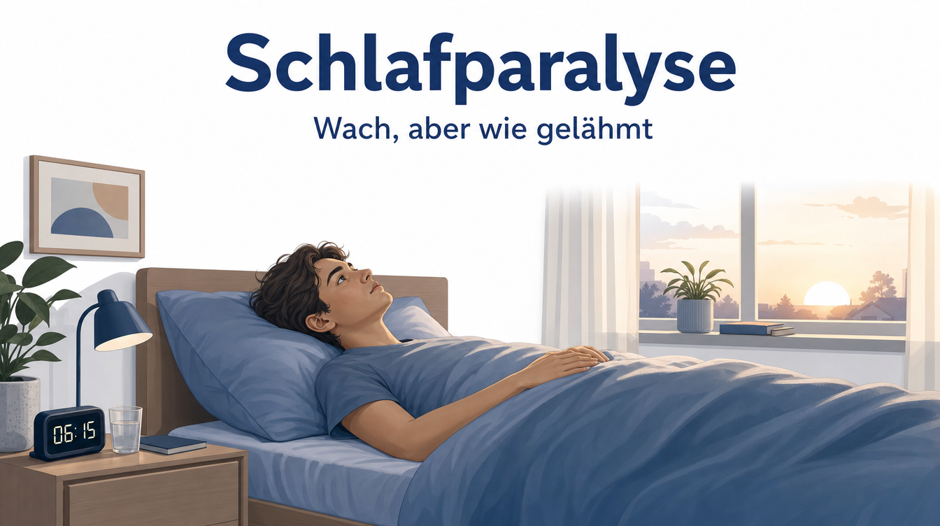 Illustration eines wachen Menschen, der beim Aufwachen bewegungslos im Bett liegt – ruhige, nicht bedrohliche Darstellung einer Schlafparalyse.