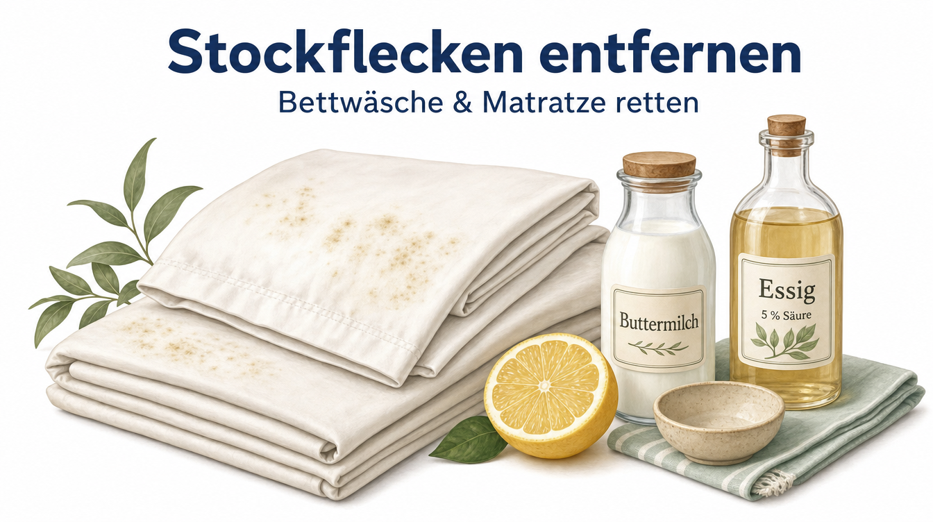 Illustration einer Bettwäsche mit gelb-braunen Stockflecken neben Zitrone, Buttermilch und Essig als Hausmittel – Titelbild des Ratgebers Stockflecken entfernen.