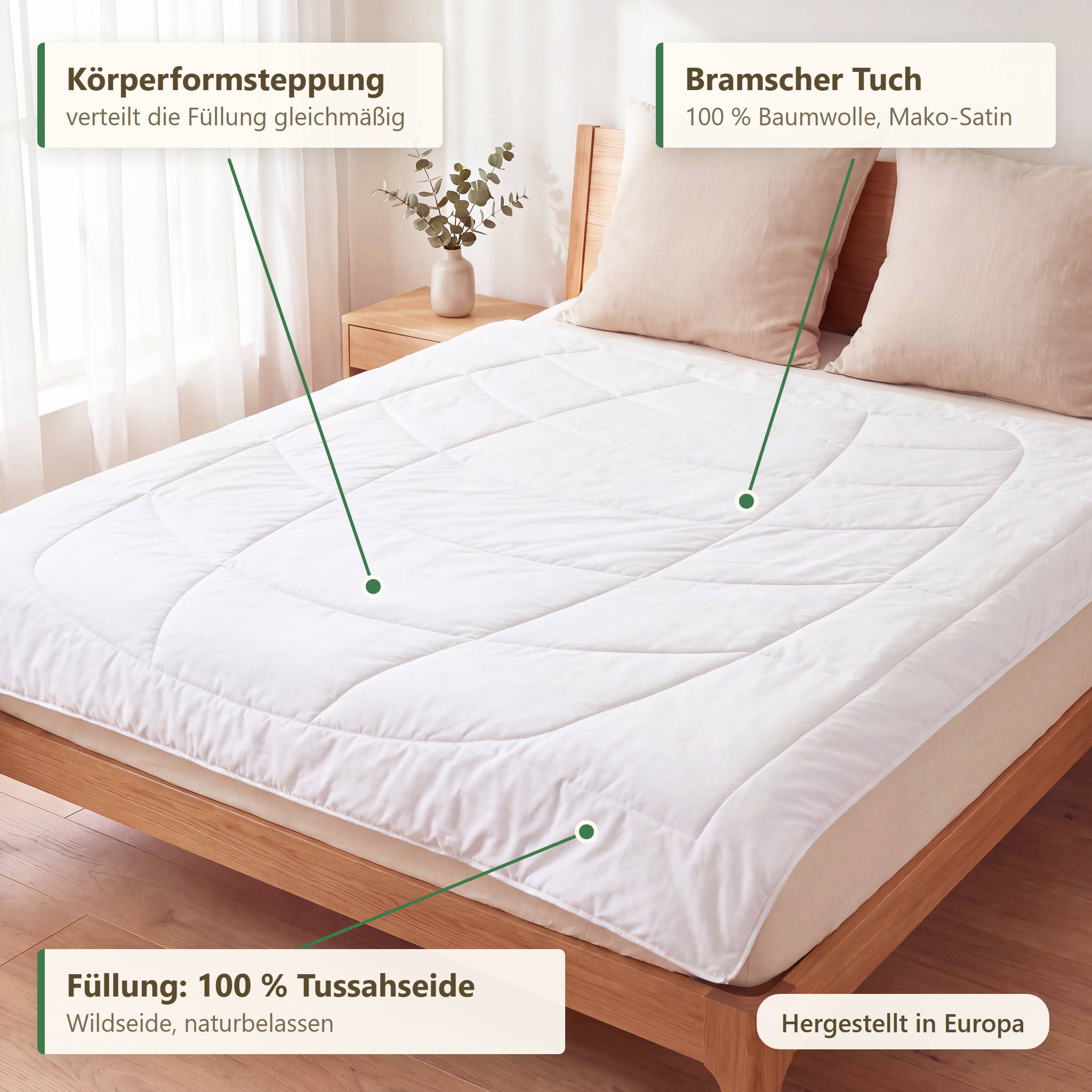 Verarbeitung und Bramscher Tuch als Baumwollbezug der KAUFFMANN Wildseide Sommerbettdecke, Seidendecke