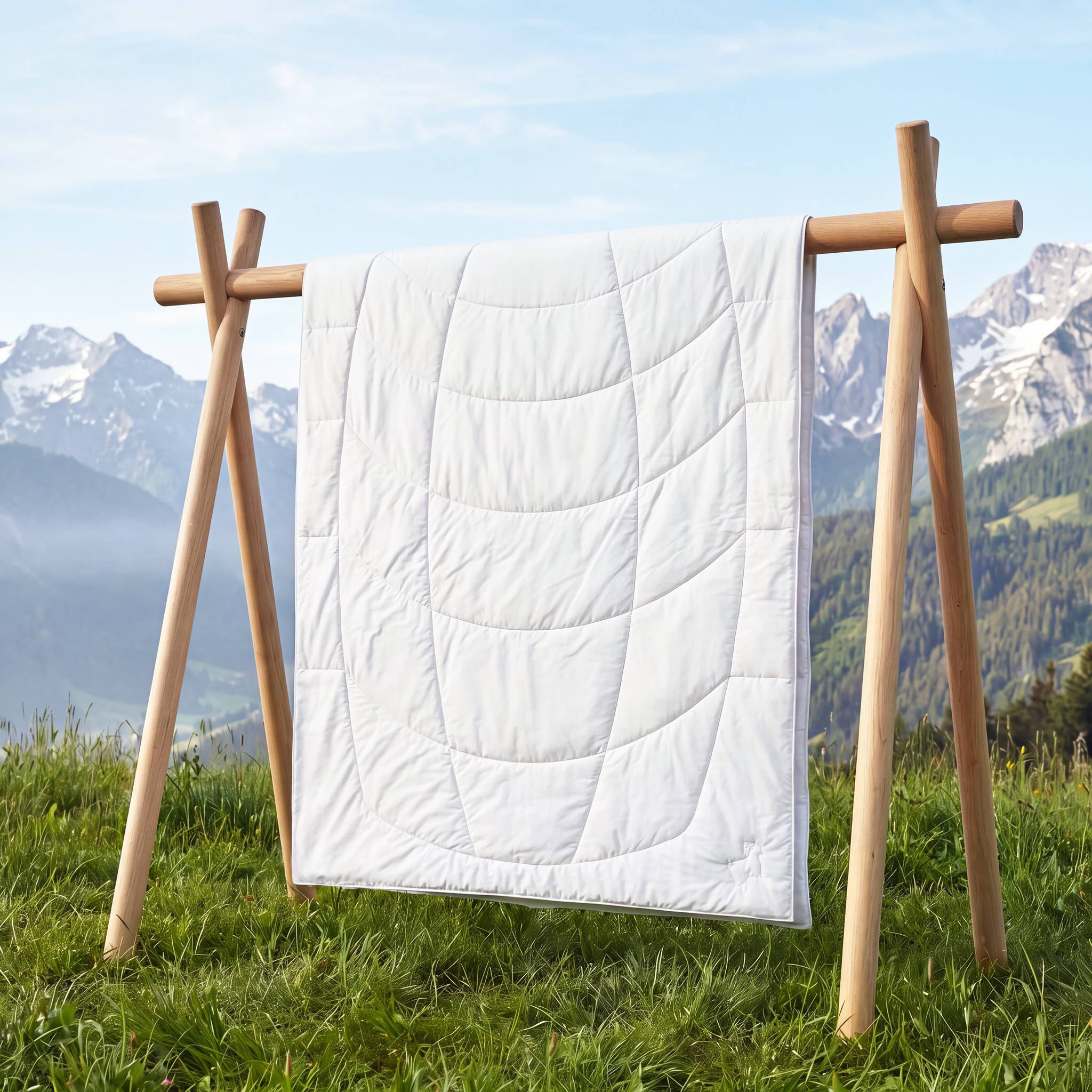 KAUFFMANN Cashmere Sommerbettdecke gefaltet auf Holzgestell vor Bergwiese, leichte Kaschmir Bettdecke mit Baumwollbezug