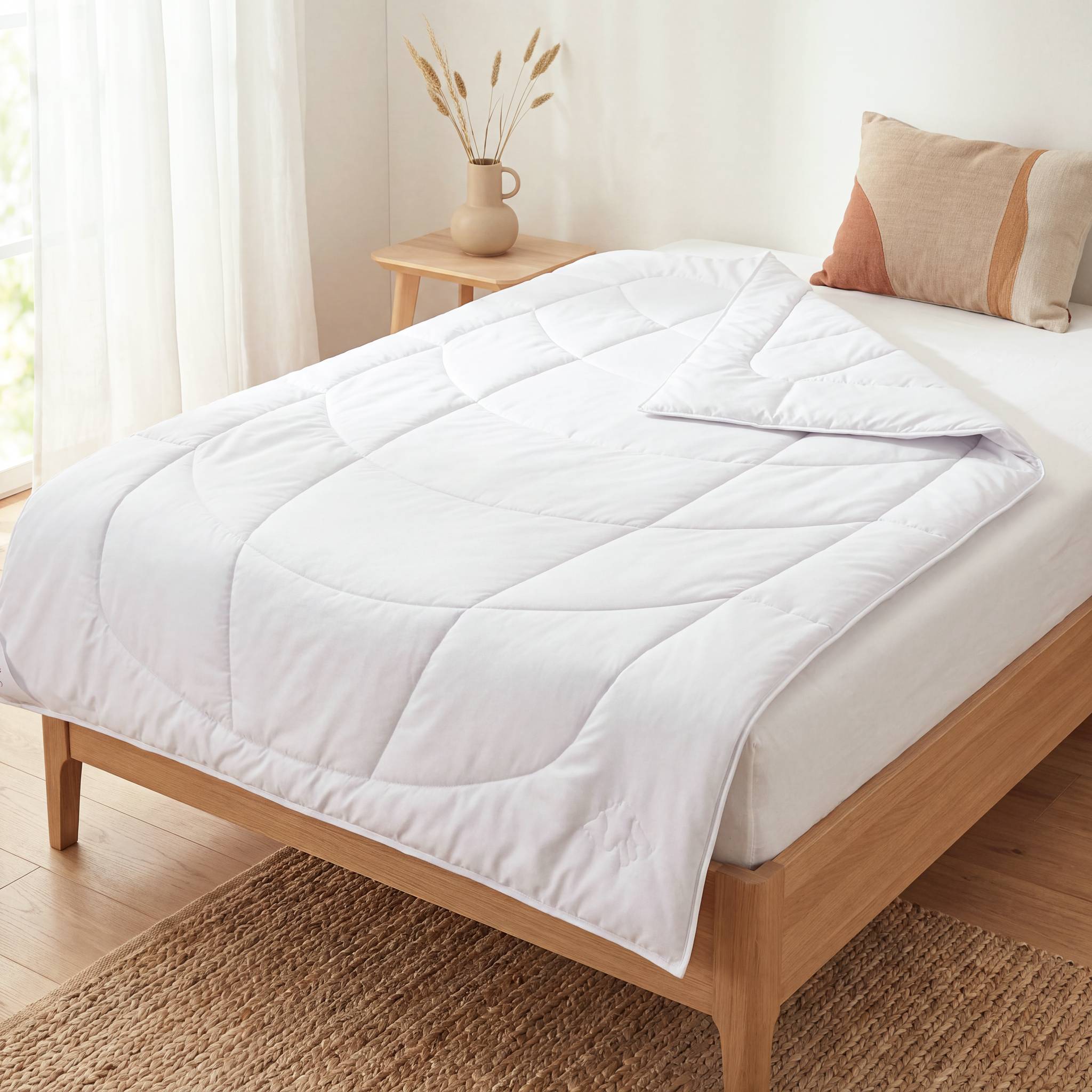 KAUFFMANN Kamelhaar Ganzjahresbettdecke im hellen Schlafzimmer auf dem Bett, Kamelhaar Bettdecke in Weiß