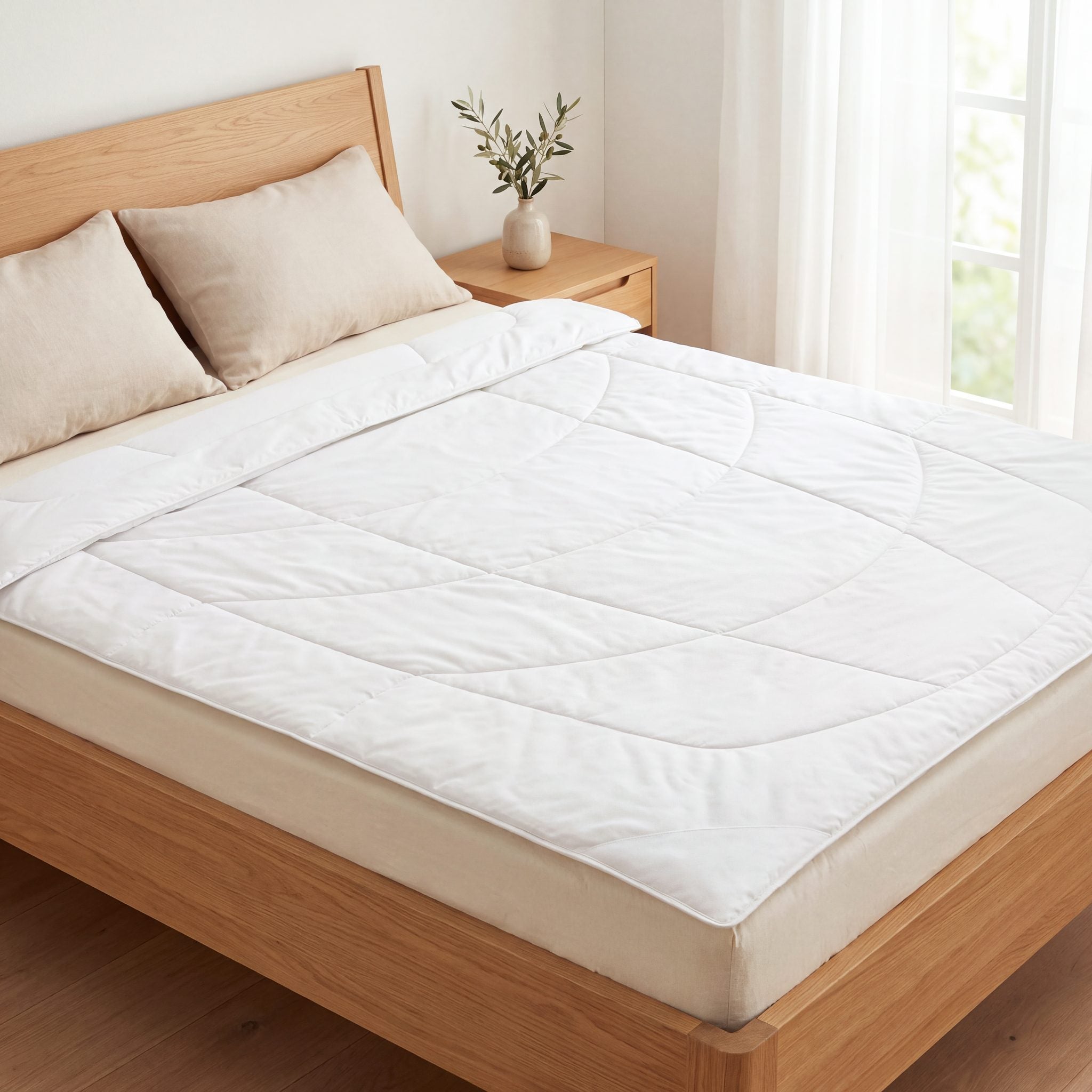 KAUFFMANN Wildseide Sommerbettdecke im hellen Schlafzimmer auf dem Bett, Wildseide Bettdecke in Weiß
