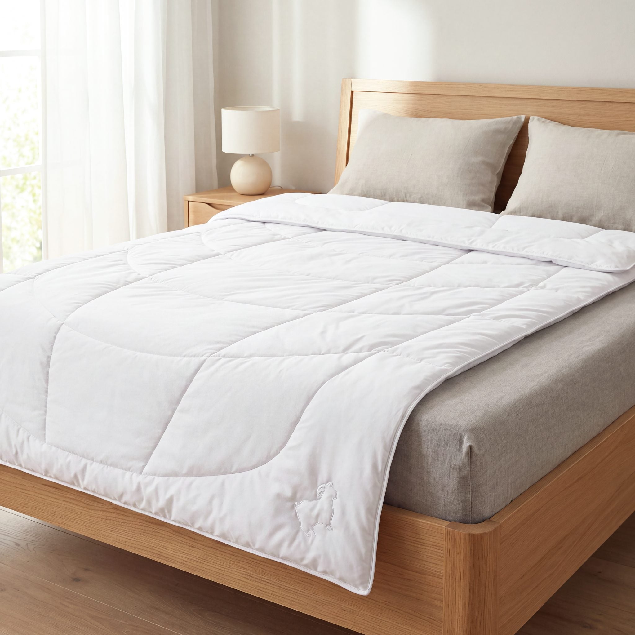 KAUFFMANN Cashmere Sommerbettdecke im hellen Schlafzimmer auf dem Bett, leichte Cashmere Bettdecke in Weiß