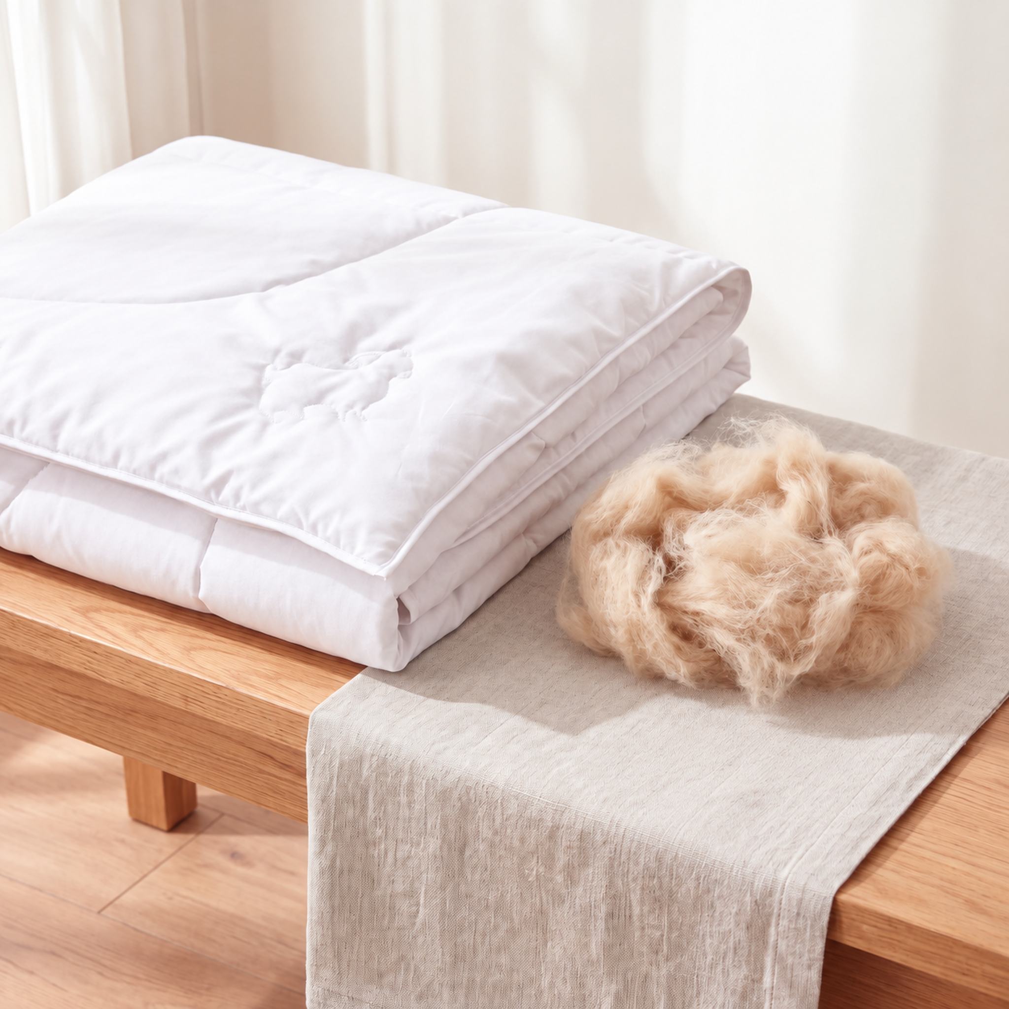 Nahaufnahme der feinen Kaschmirfaser-Füllung der leichten KAUFFMANN Cashmere Sommerbettdecke, Cashmere Bettdecke