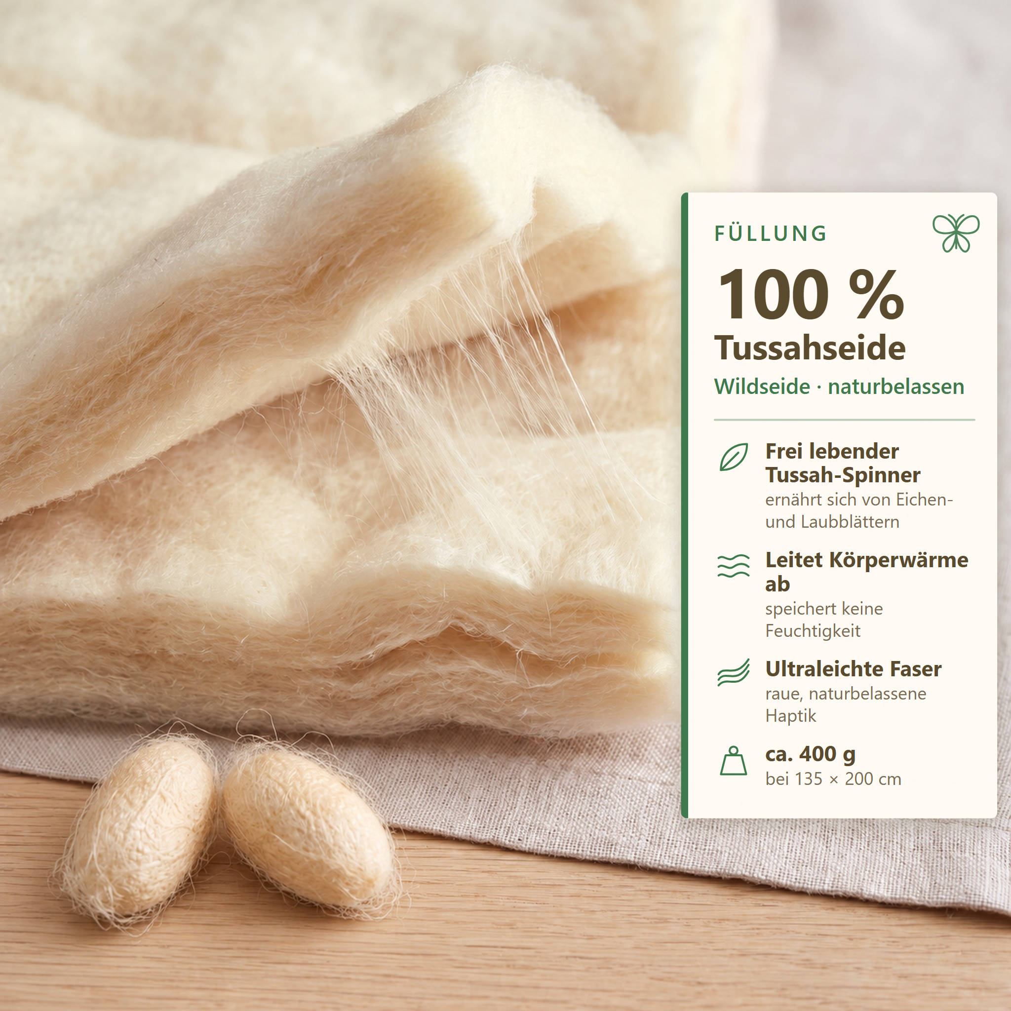 Infografik zur Füllung der KAUFFMANN Wildseide Sommerbettdecke aus 100 % Tussahseide, leichte Sommerbettdecke