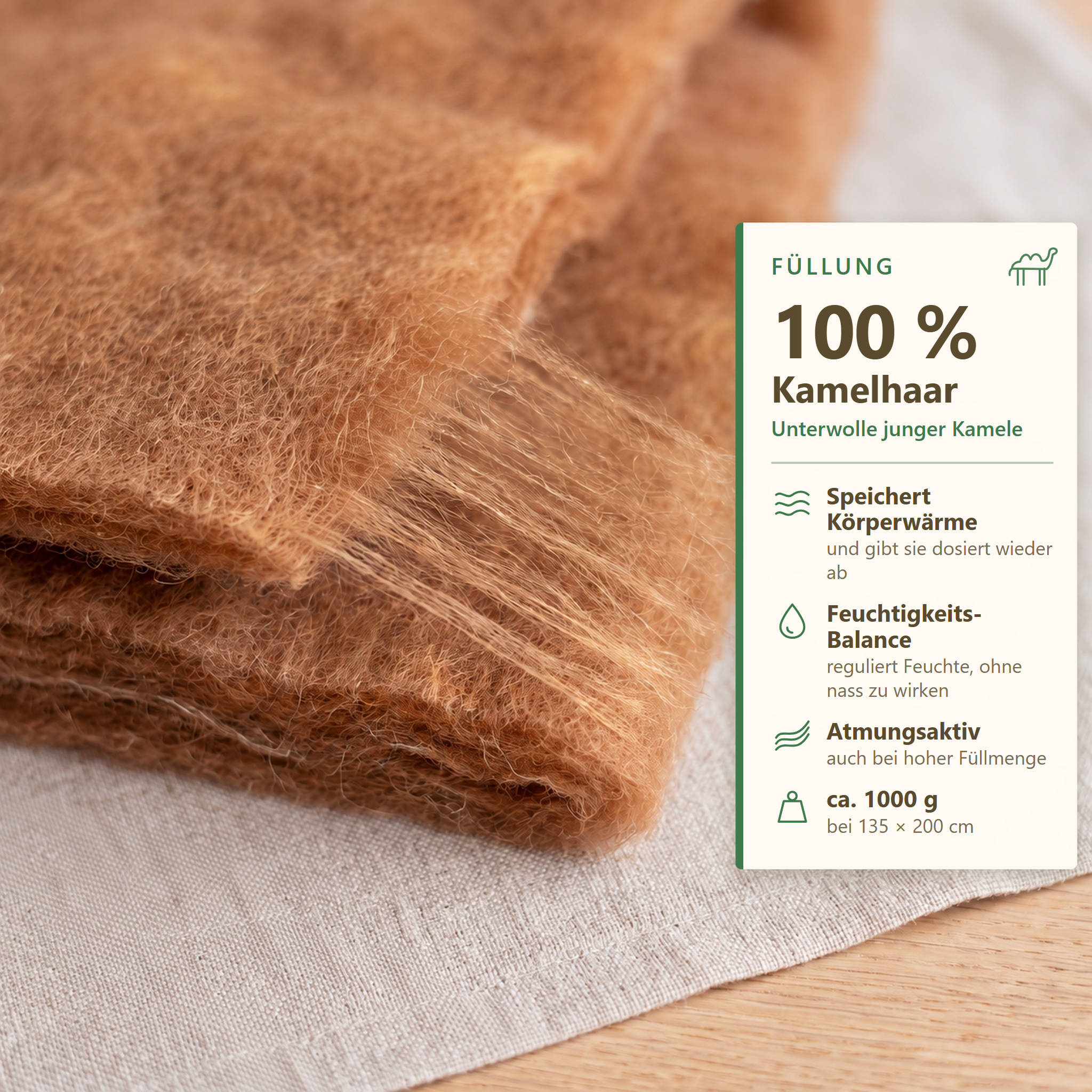 Infografik zur Füllung der KAUFFMANN Kamelhaar Ganzjahresbettdecke aus 100 % Kamelhaar, Ganzjahresdecke