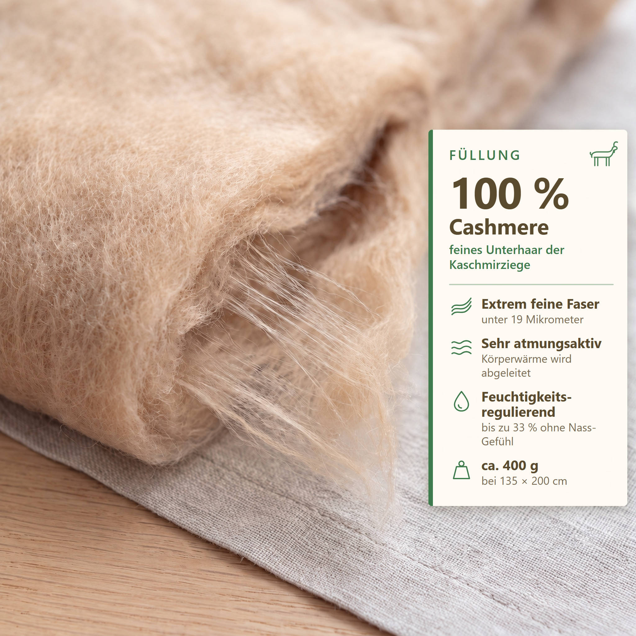 Infografik zur Füllung der KAUFFMANN Cashmere Sommerbettdecke aus 100 % Kaschmir, leichte Sommerbettdecke