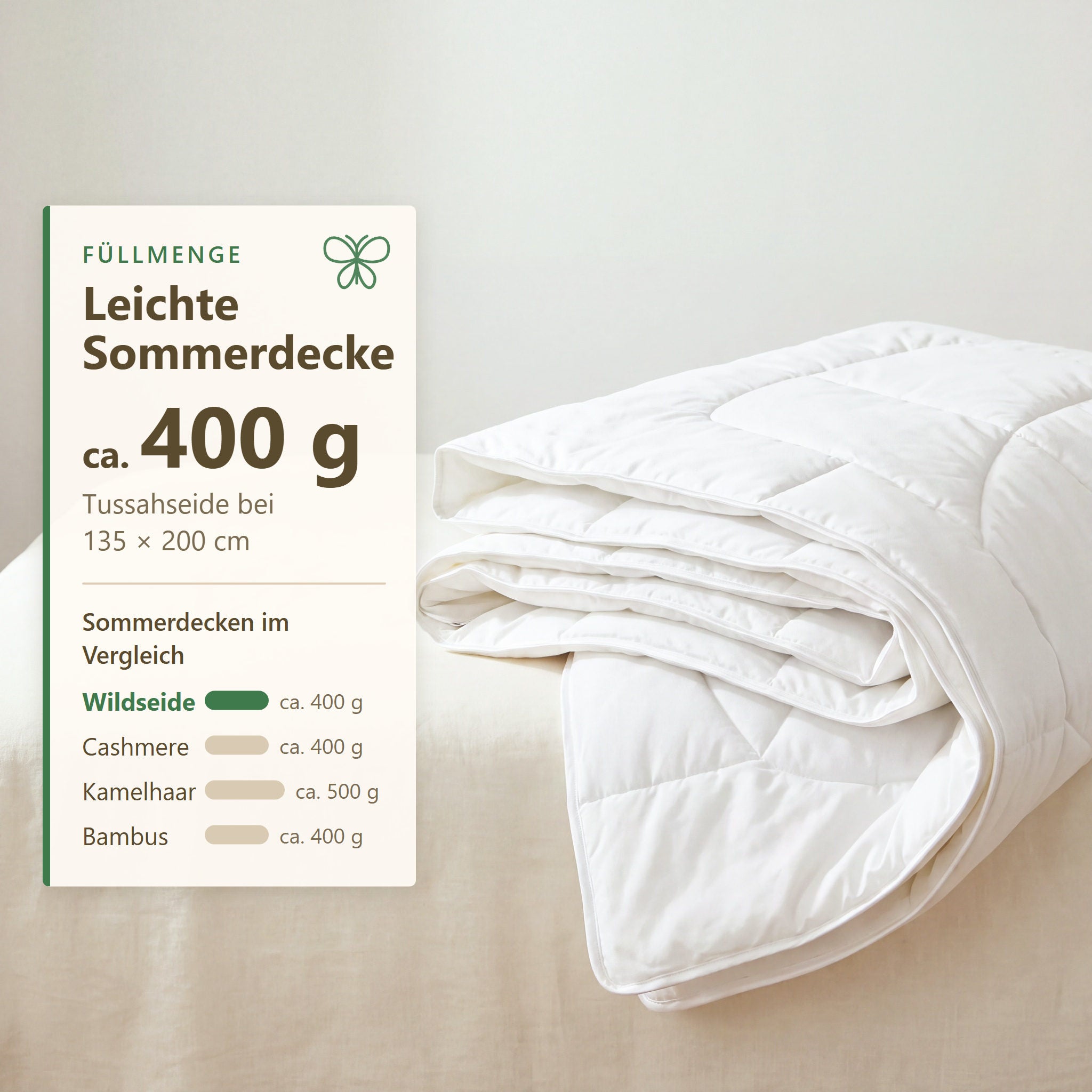 Füllmenge 400 g der KAUFFMANN Wildseide Sommerbettdecke in Größe 135x200 cm, leichte Seidendecke