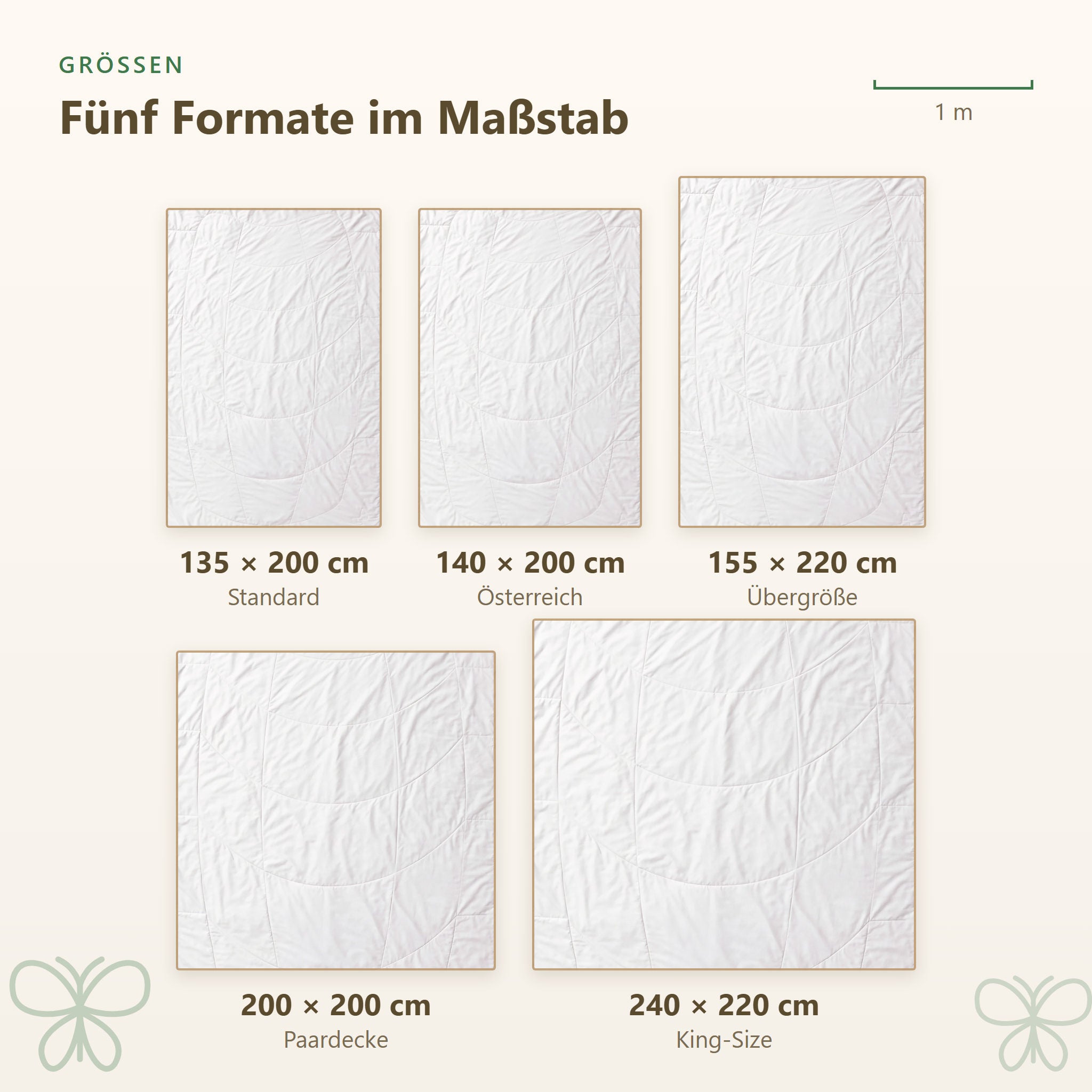 Größenübersicht der KAUFFMANN Wildseide Sommerbettdecke von 135x200 bis 240x220 cm, Wildseide Bettdecke