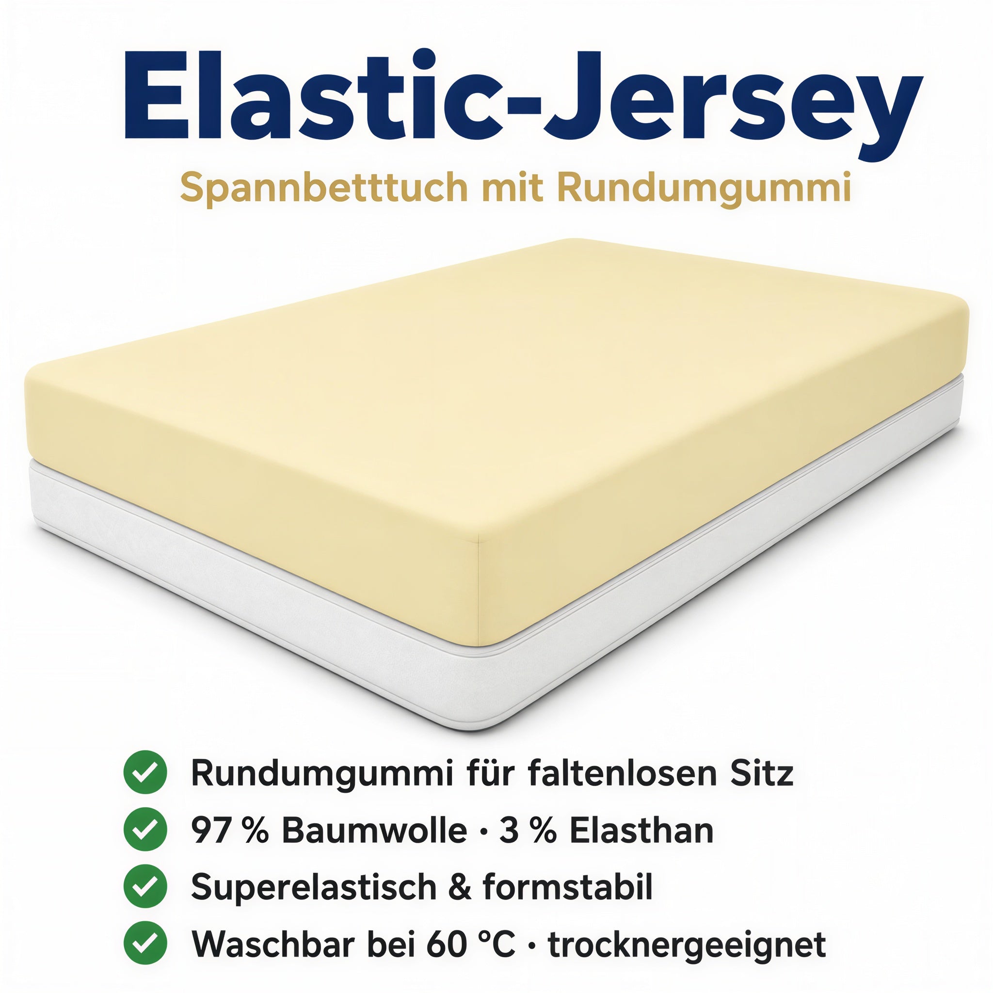 Illustration: vanillefarbenes Spannbettlaken, faltenfrei über die Matratze gezogen