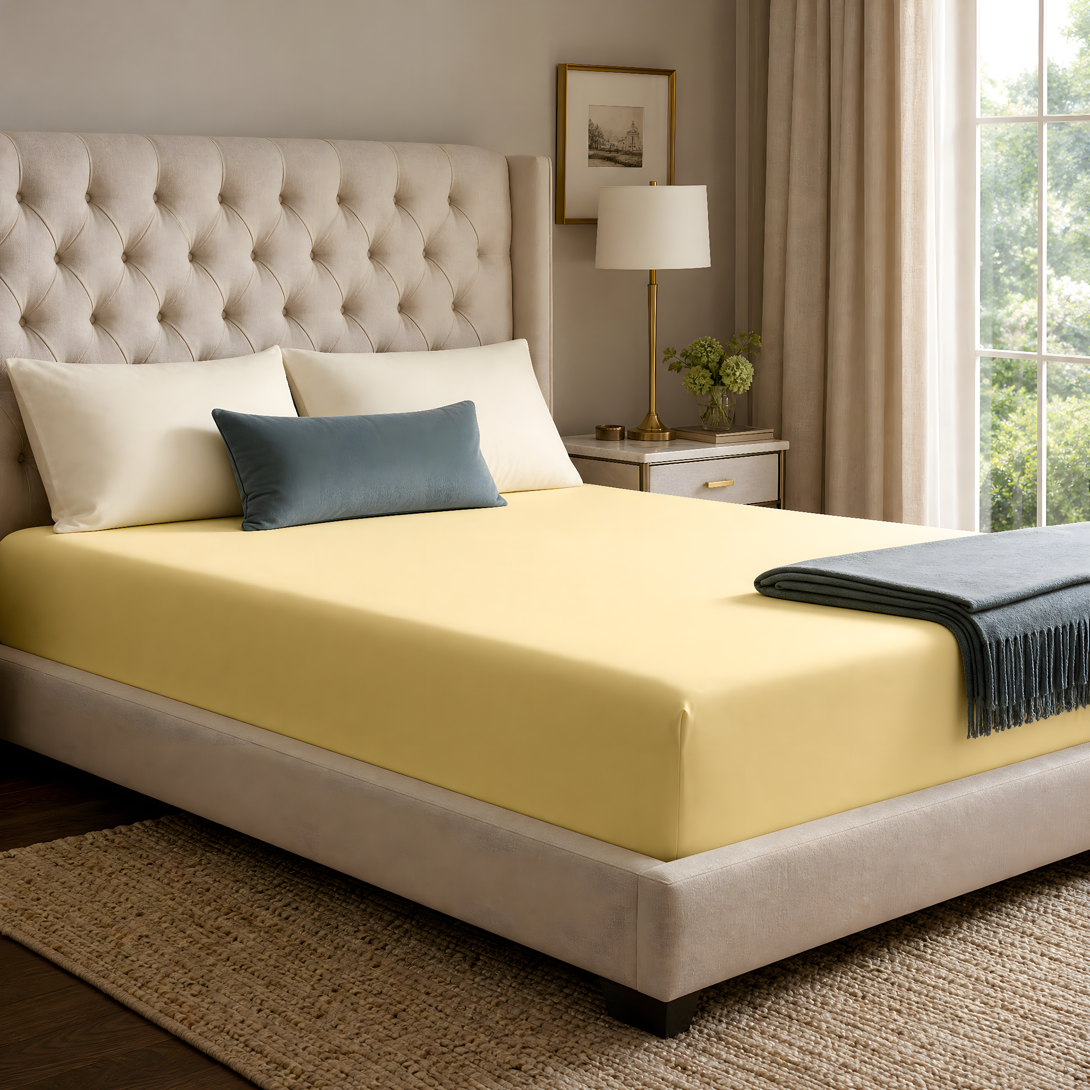 Vanillefarbenes Spannbettlaken auf einem gemachten Bett in einem wohnlichen Schlafzimmer