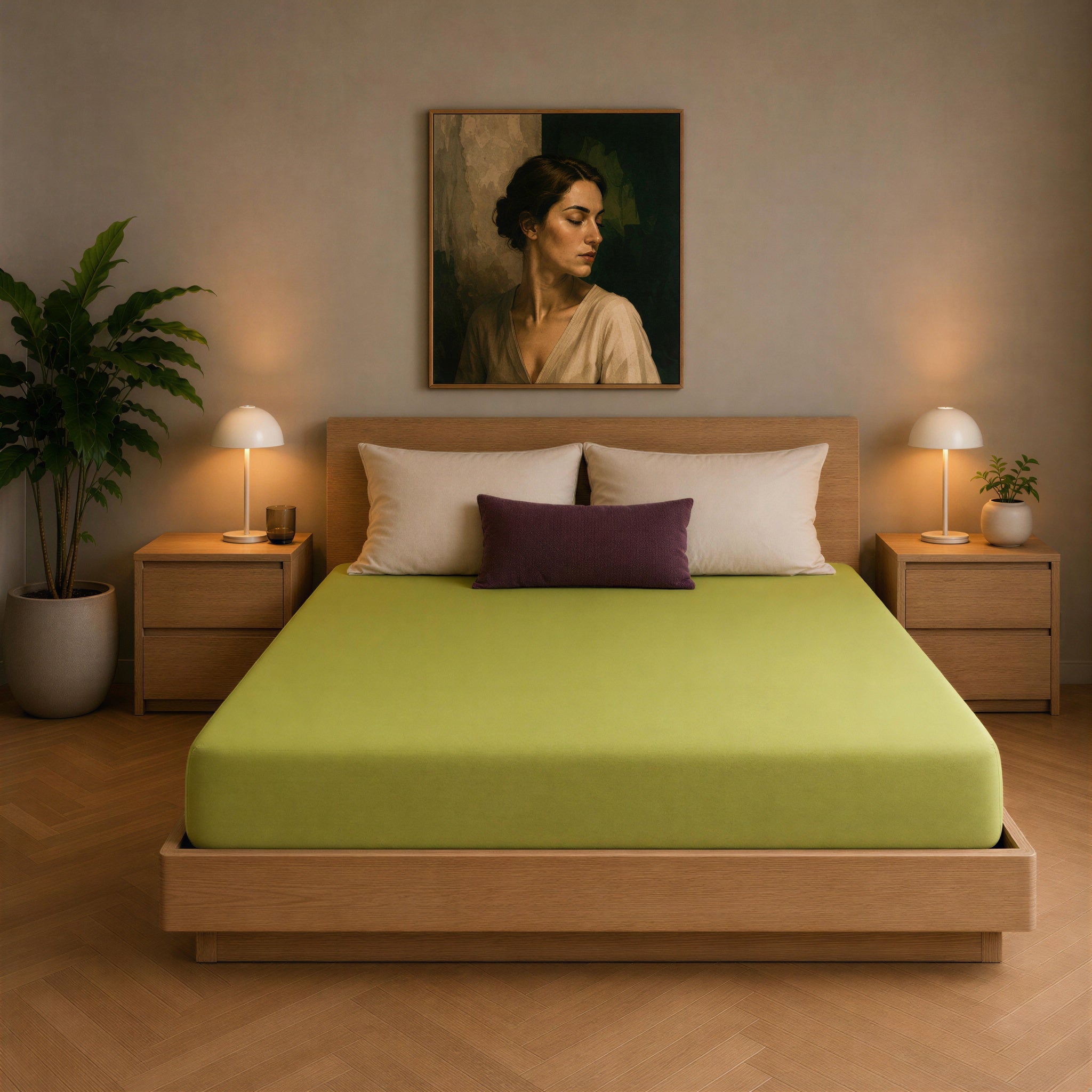 Bett mit apfelgrünem Spannbettlaken in einem schlicht eingerichteten Schlafzimmer