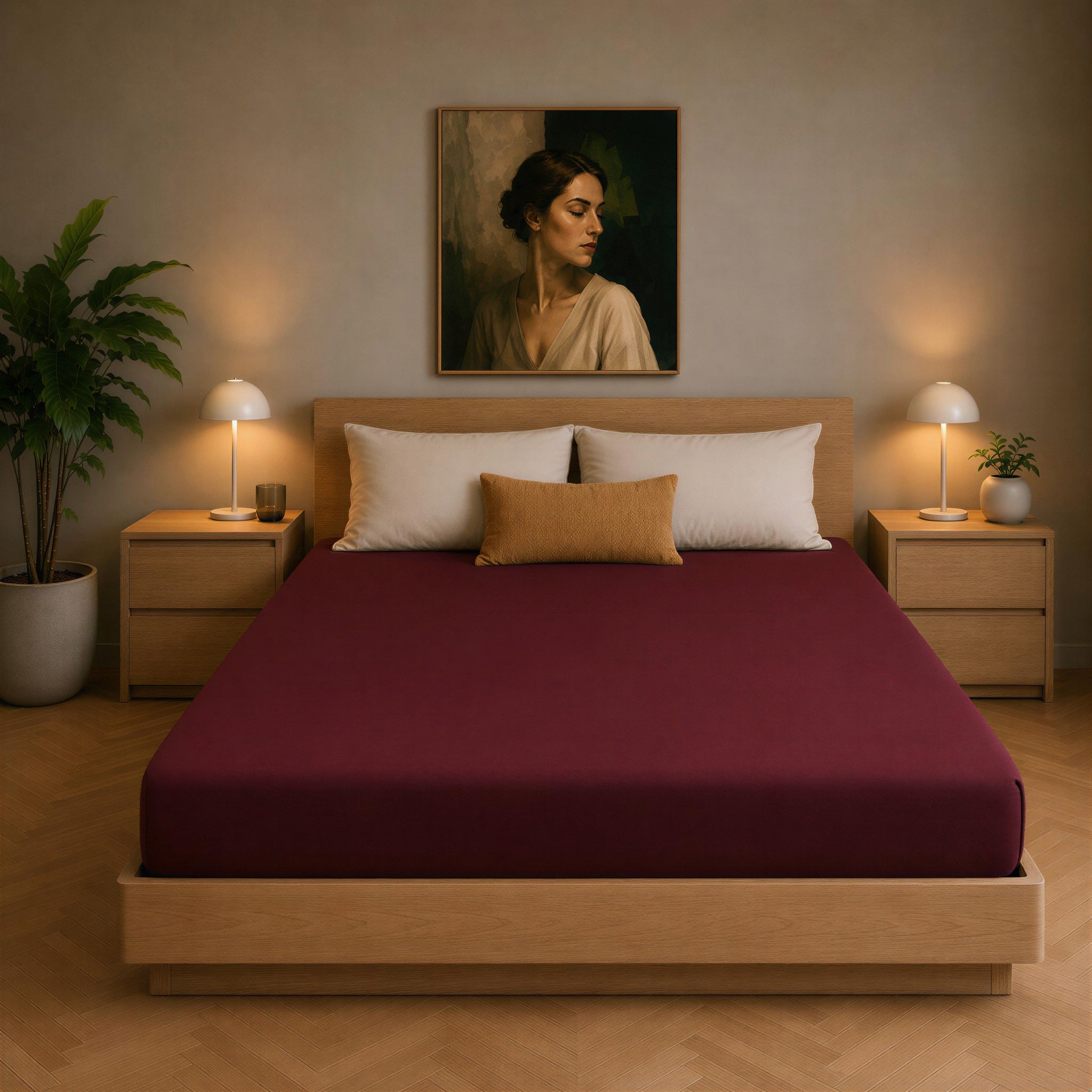 Spannbettlaken in Burgund auf einem Bett in einem schlicht eingerichteten Schlafzimmer
