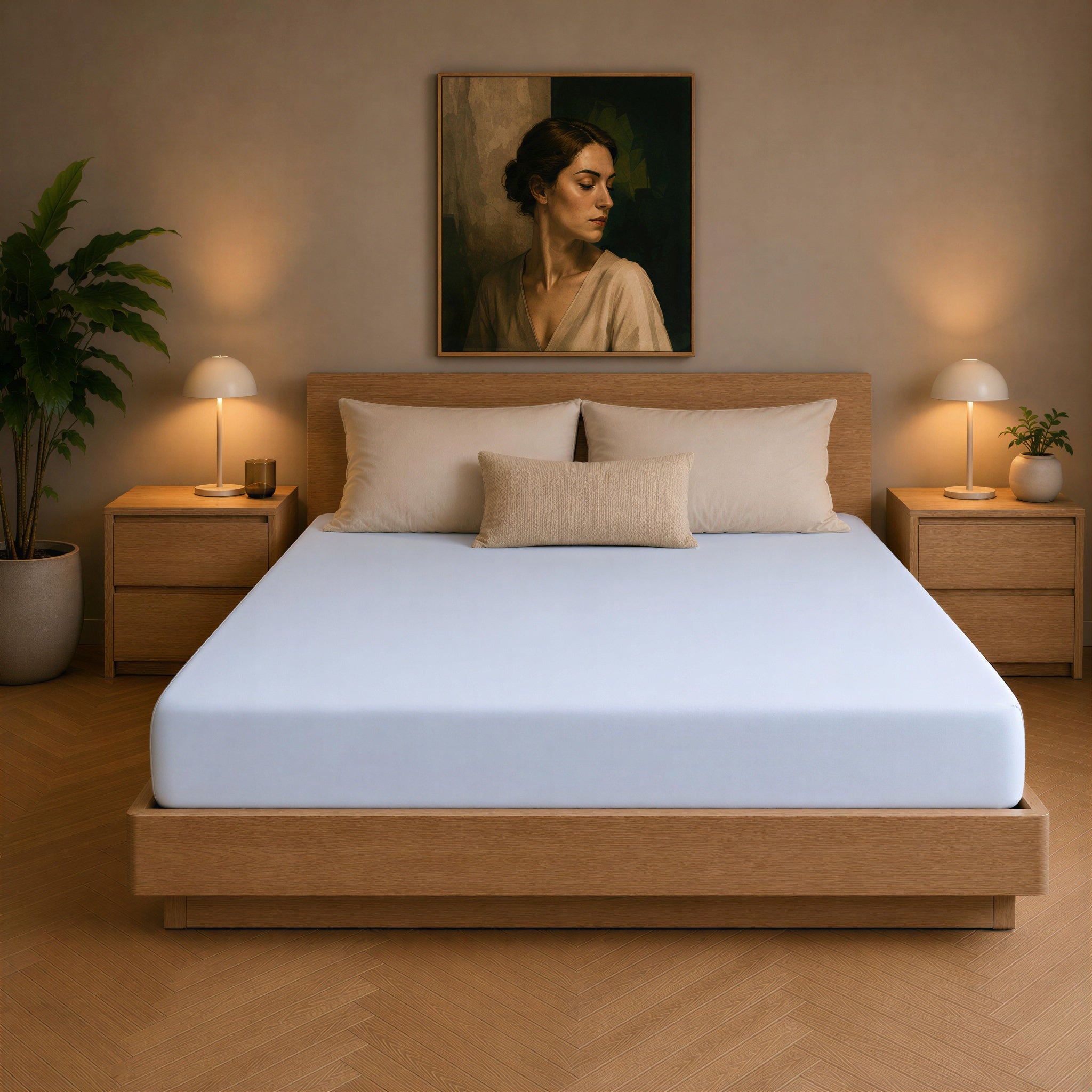 Bett mit hellblauem Spannbettlaken in einem schlicht eingerichteten Schlafzimmer