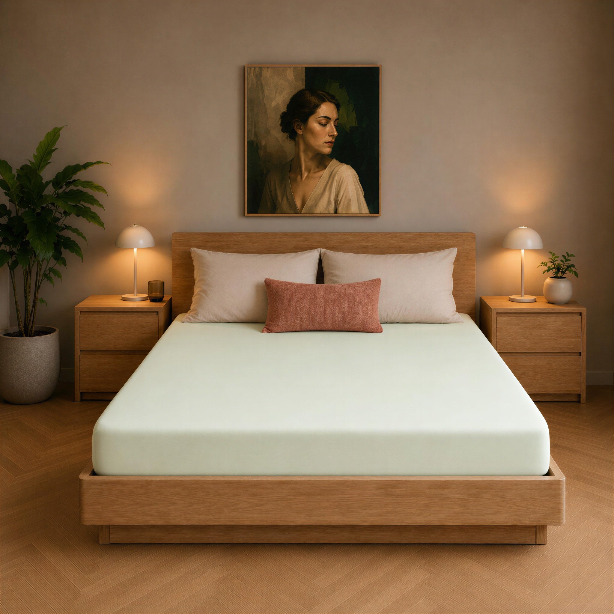 Bett mit mintgrünem Spannbettlaken in einem schlicht eingerichteten Schlafzimmer