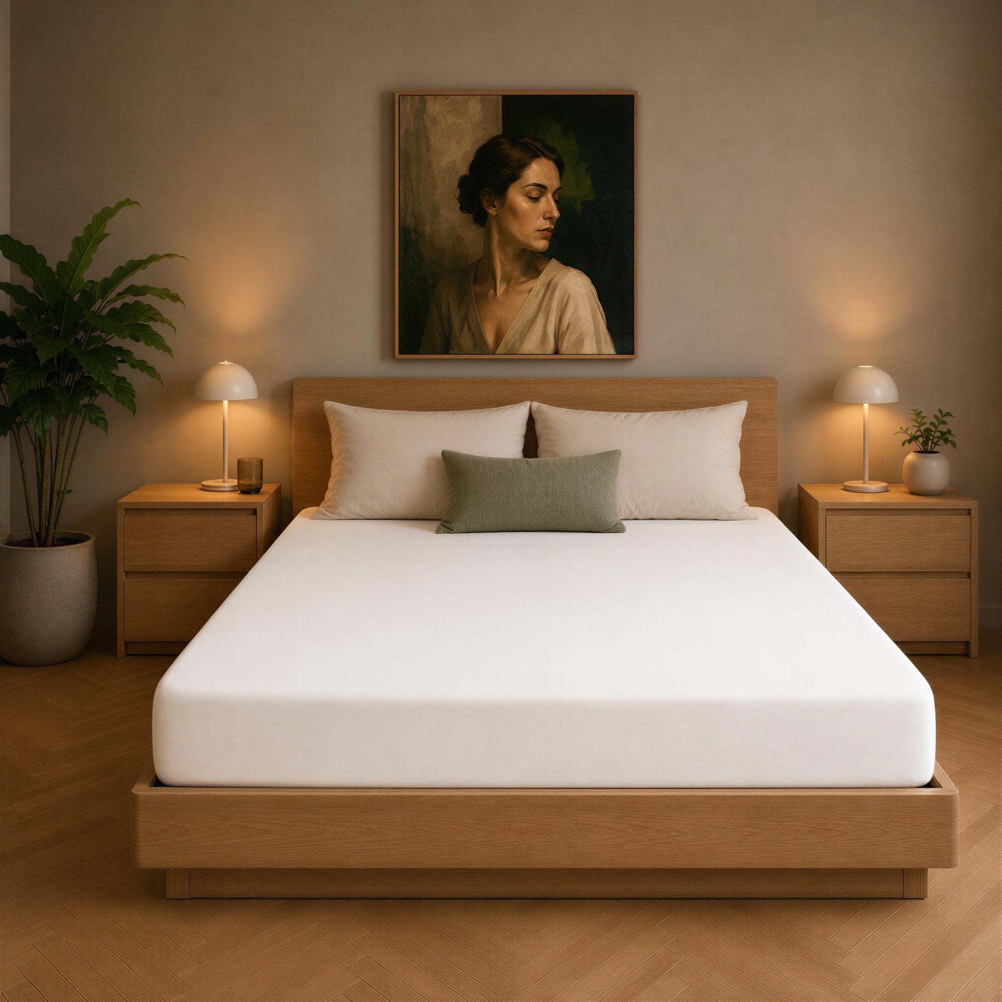 Bett mit perlmuttfarbenem Spannbettlaken in einem schlicht eingerichteten Schlafzimmer