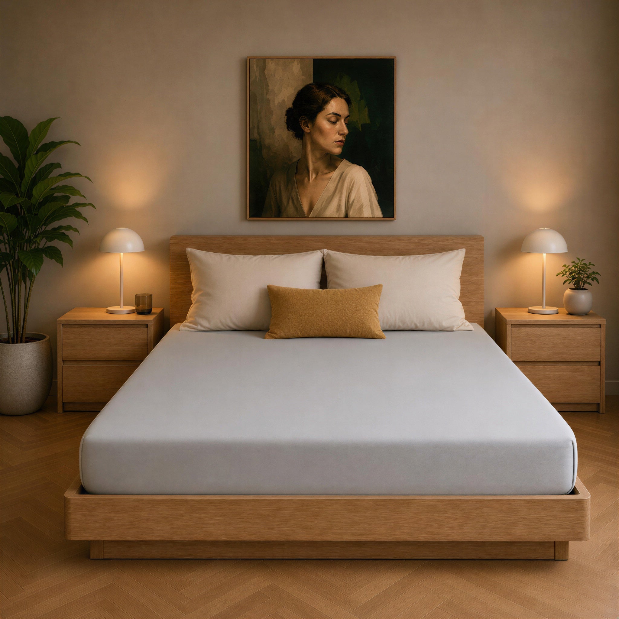 Bett mit platinfarbenem Spannbettlaken in einem schlicht eingerichteten Schlafzimmer